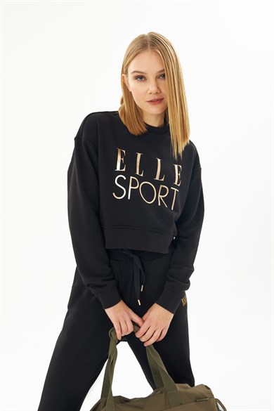 ELLE Sport Siyah Yaldızlı Kadın Crop Sweatshirt