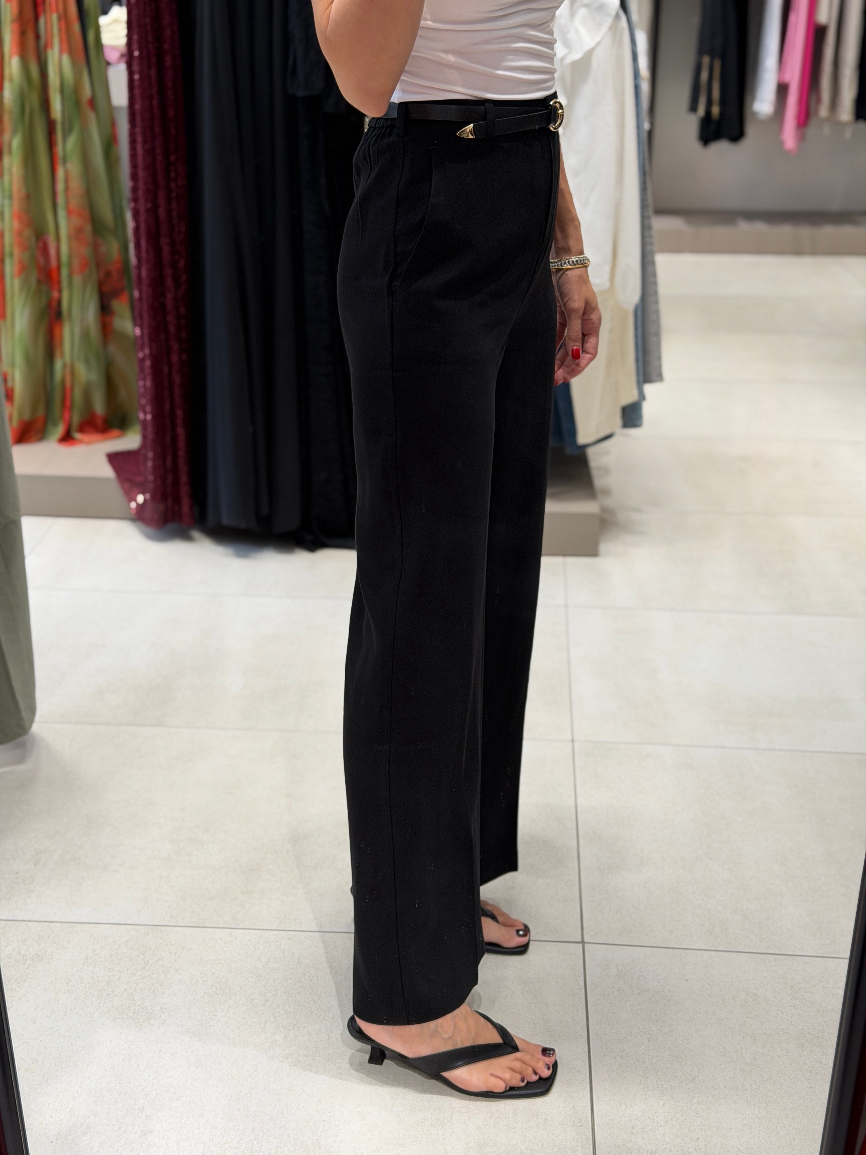 475 Kemerli Wideleg Tensel Pantolon SİYAH