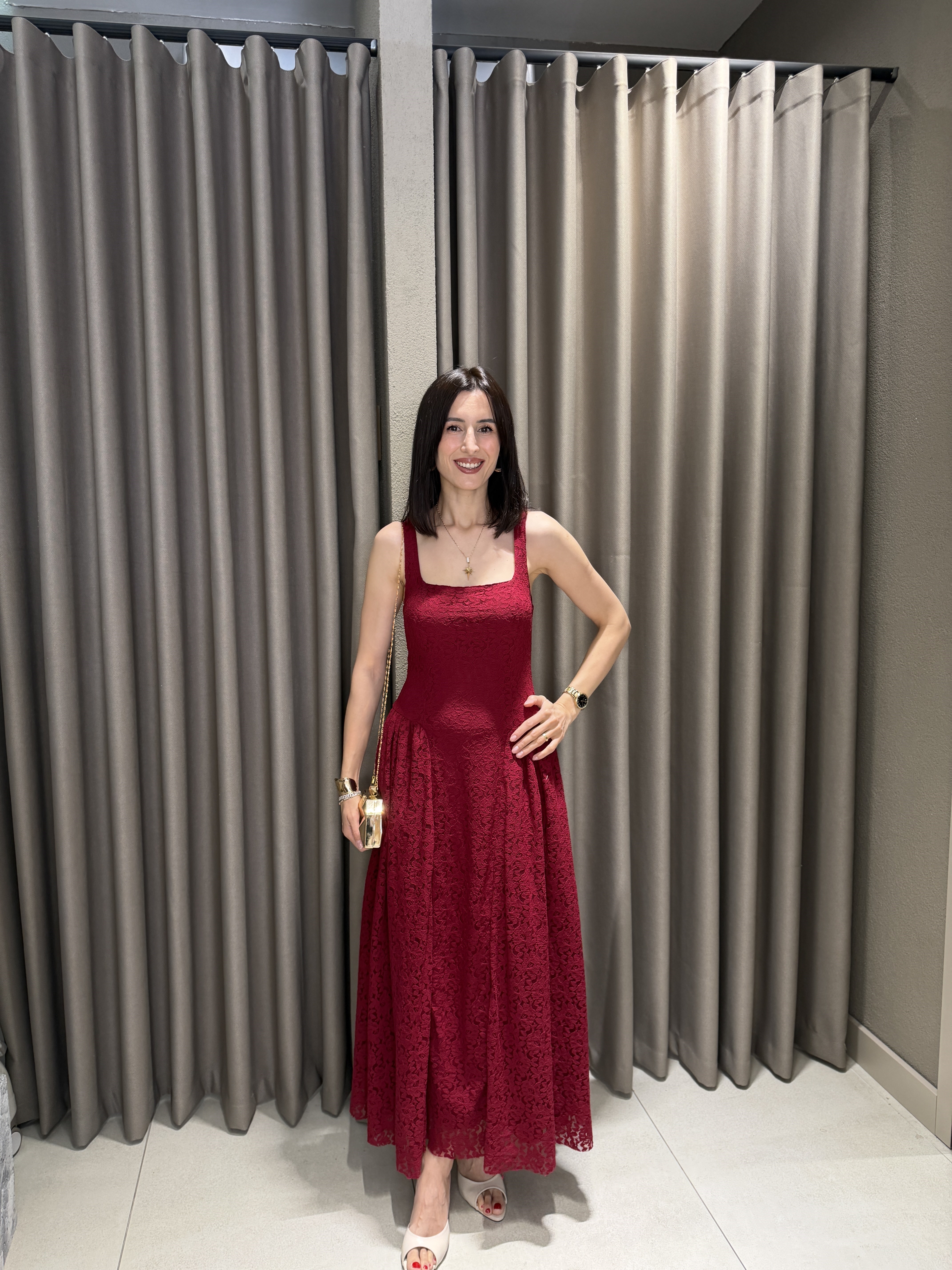 Askılı Dantel Çan Elbise BORDO