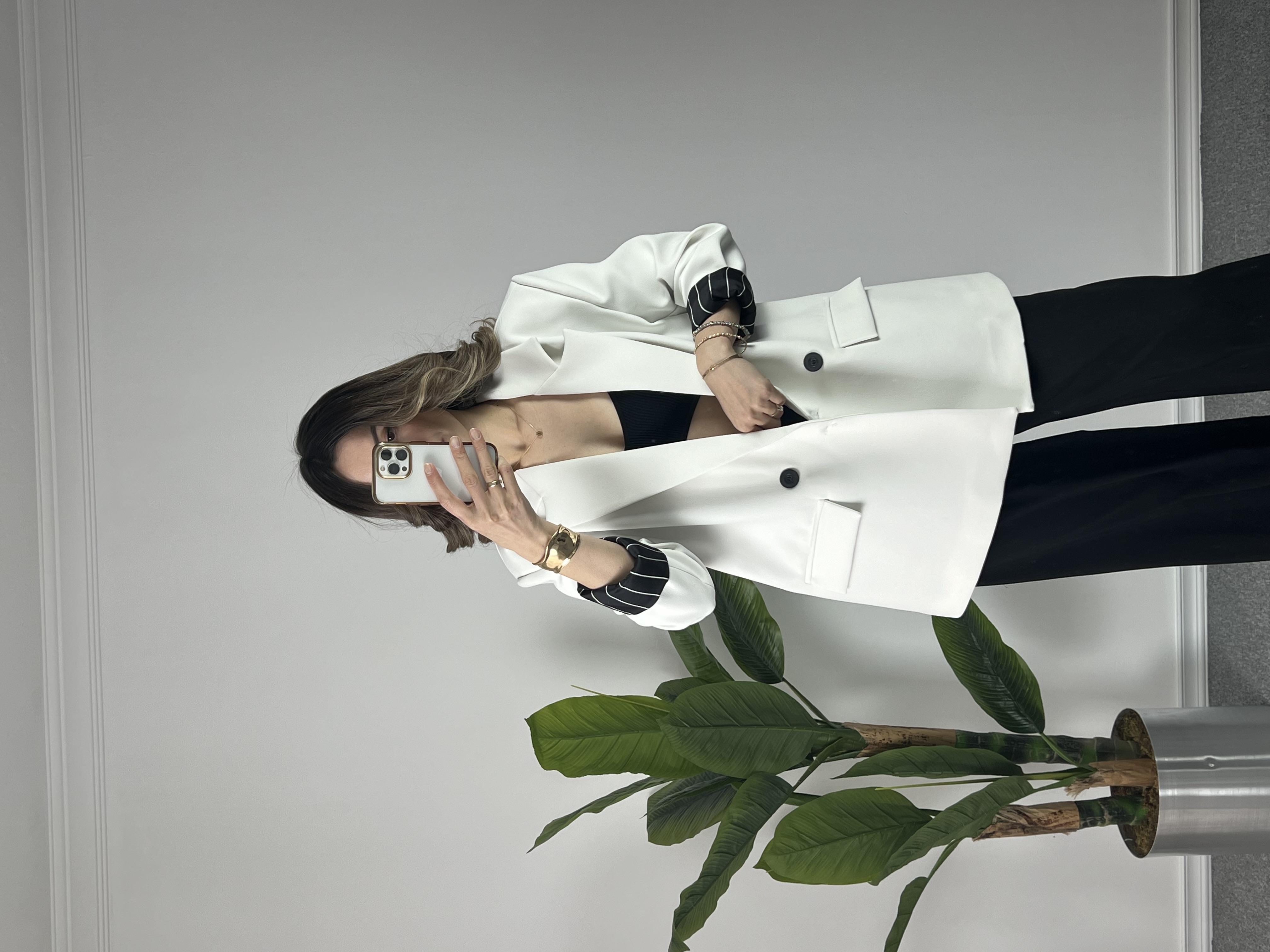Astarı Çizgili Beyaz Owersize Blazer Ceket