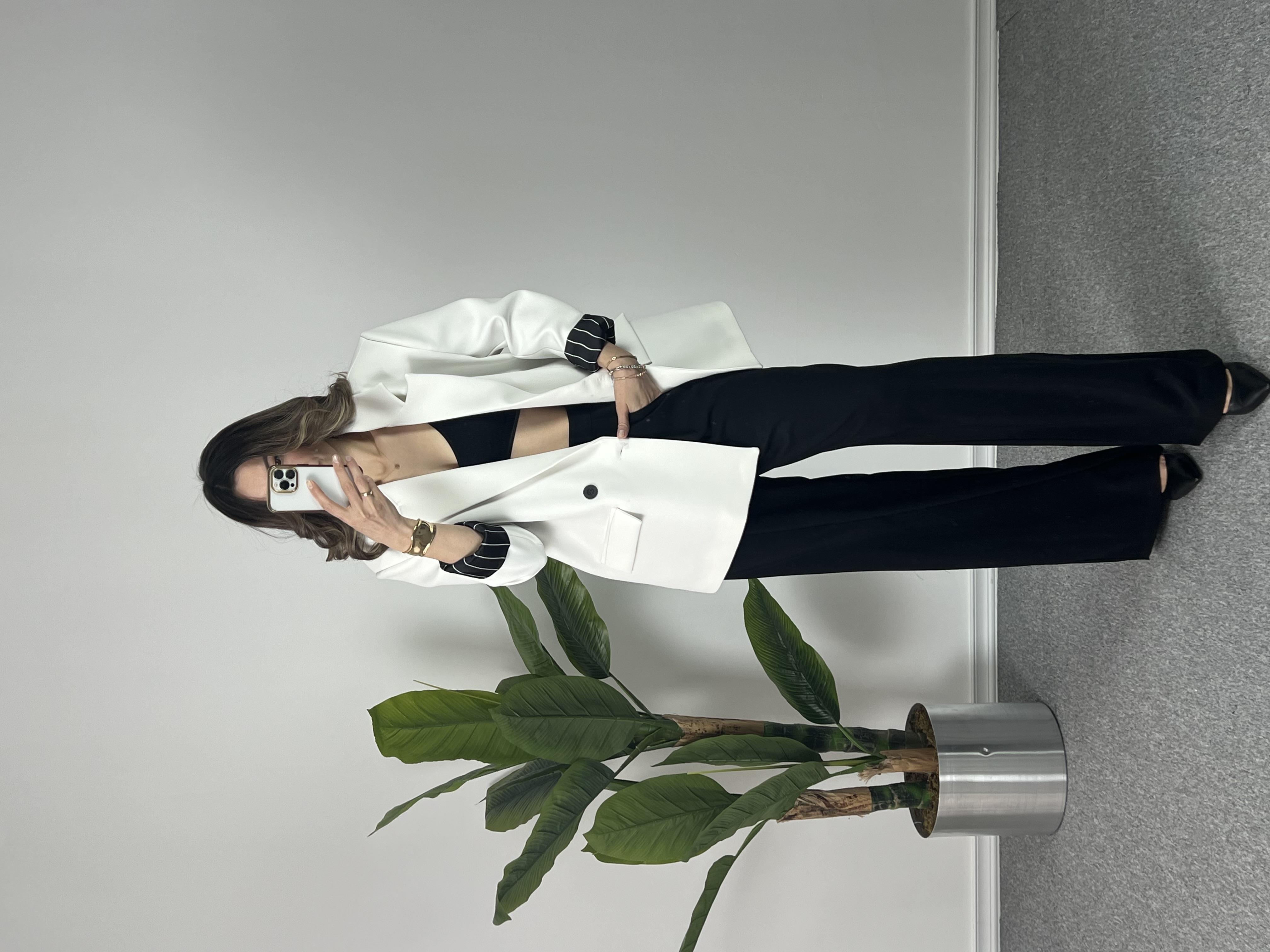 Astarı Çizgili Beyaz Owersize Blazer Ceket