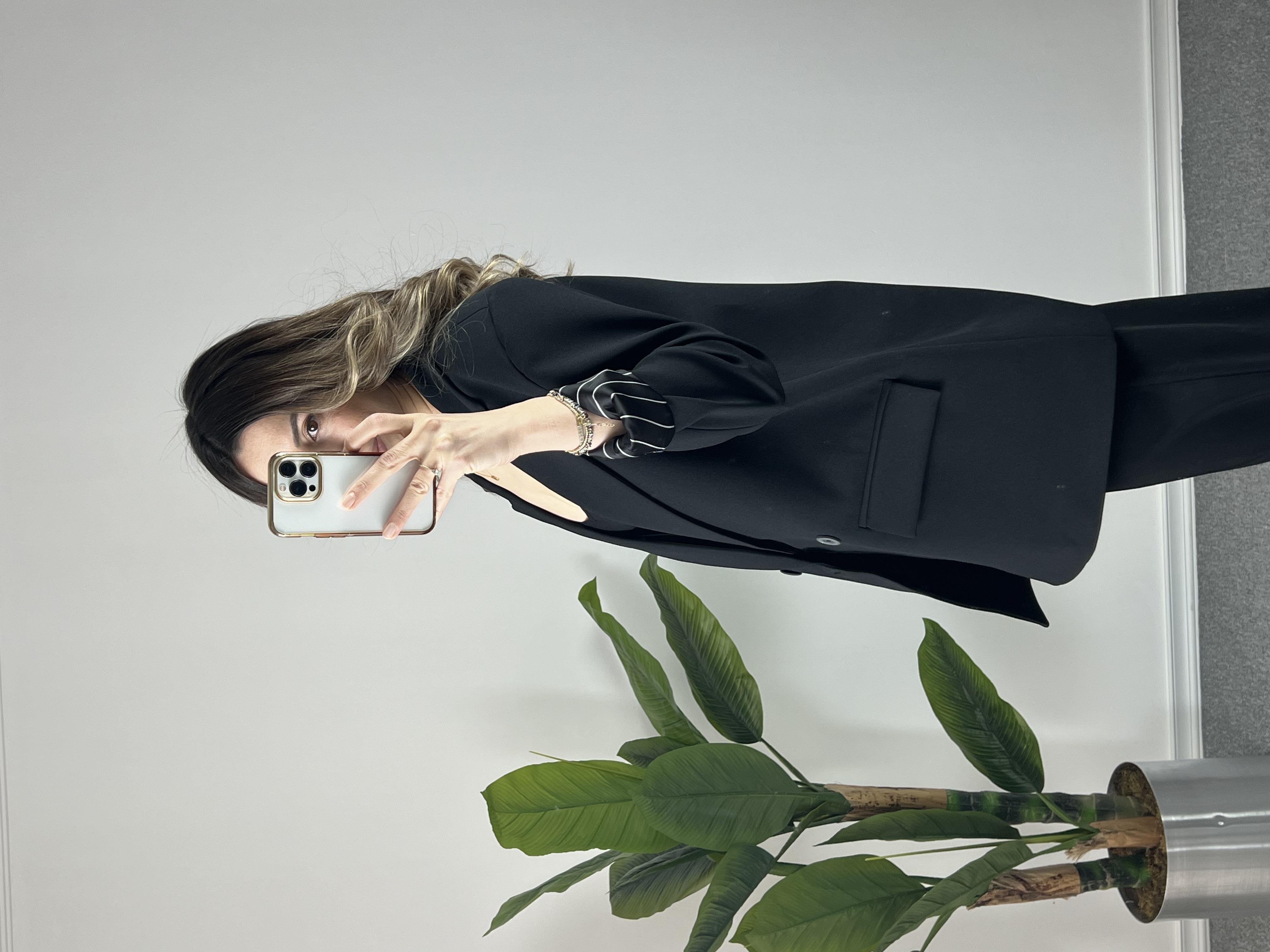 Astarı Çizgili Siyah Owersize Blazer Ceket