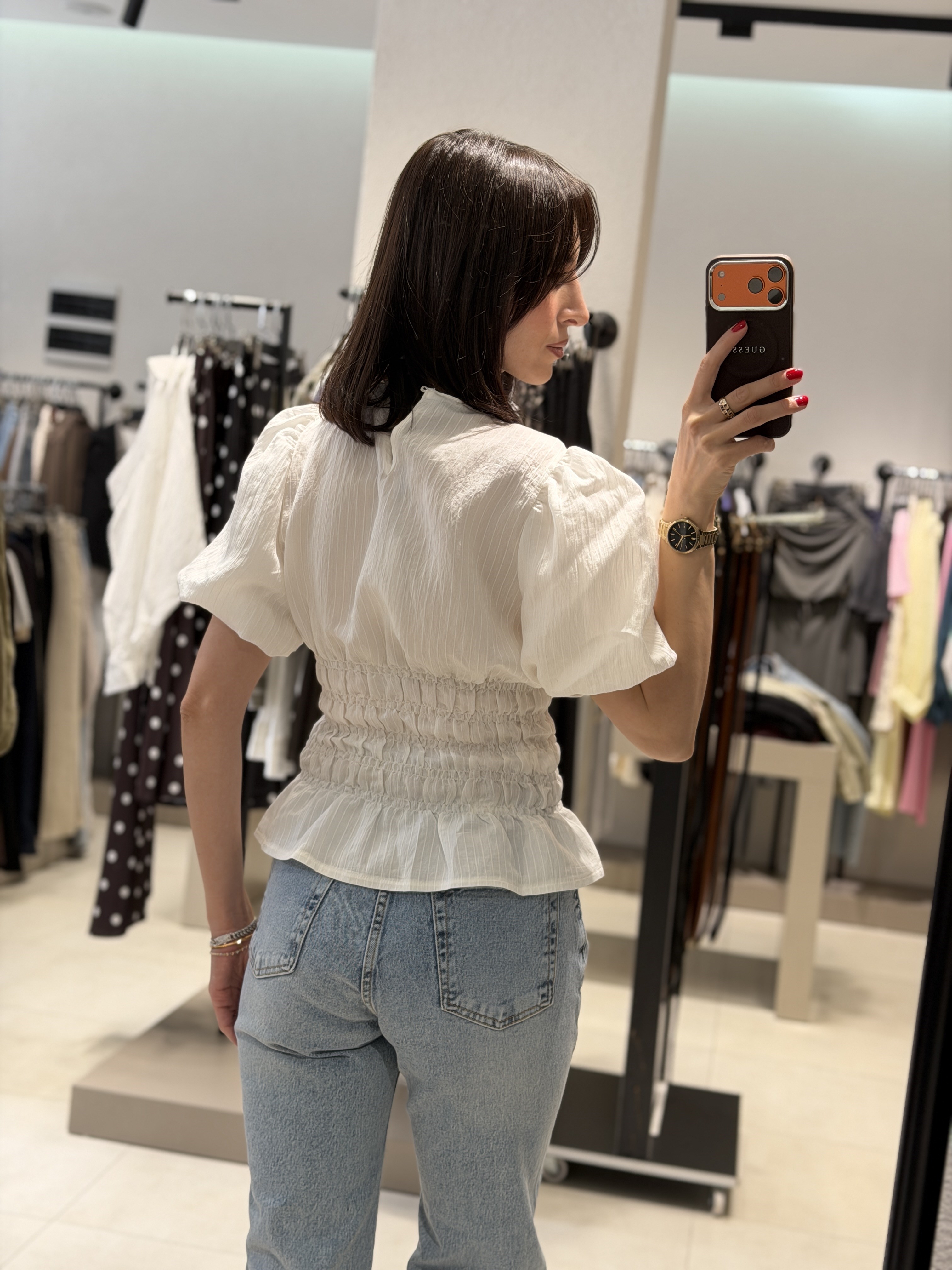 Balon Kol Beli Büzgülü Bluz BEYAZ