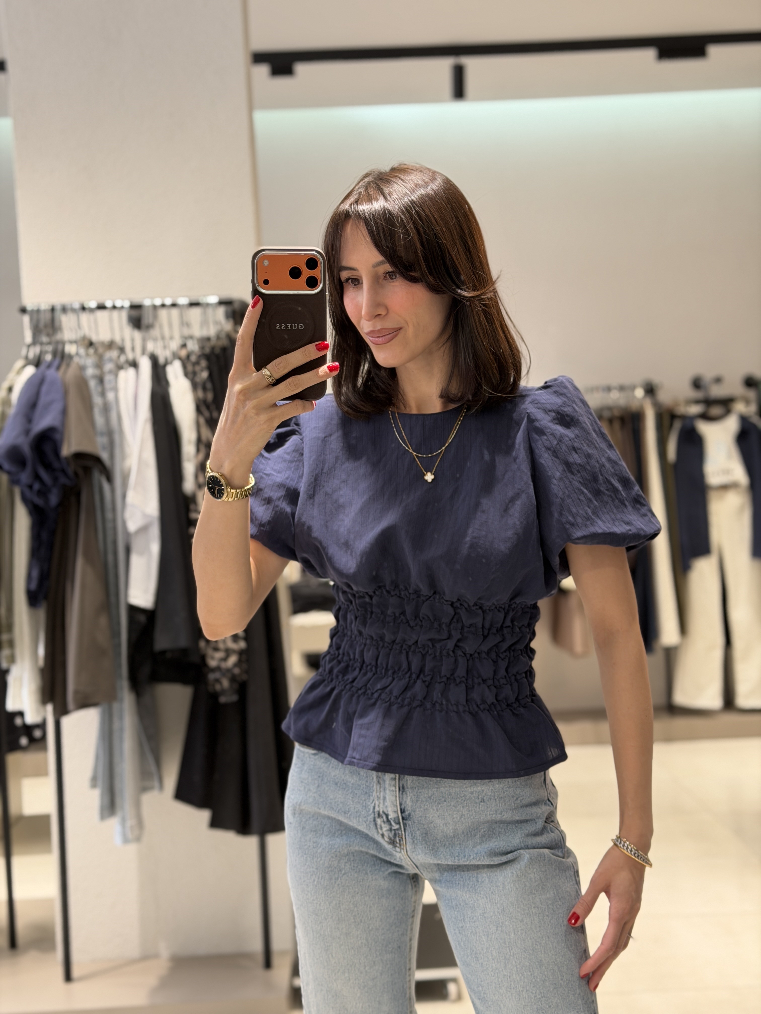 Balon Kol Beli Büzgülü Bluz LACİVERT