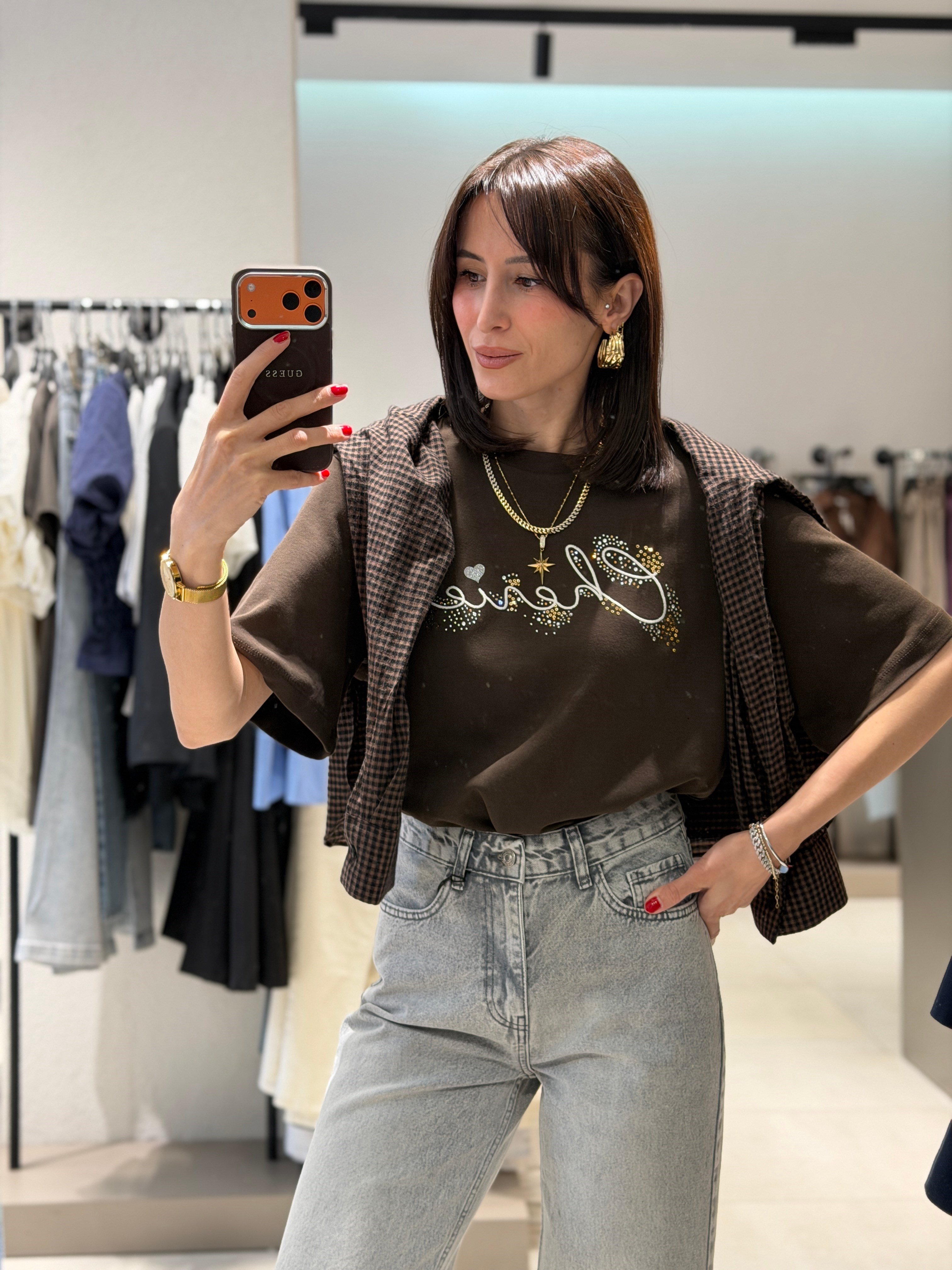 Baskılı Taşlı Tshırt KAHVE