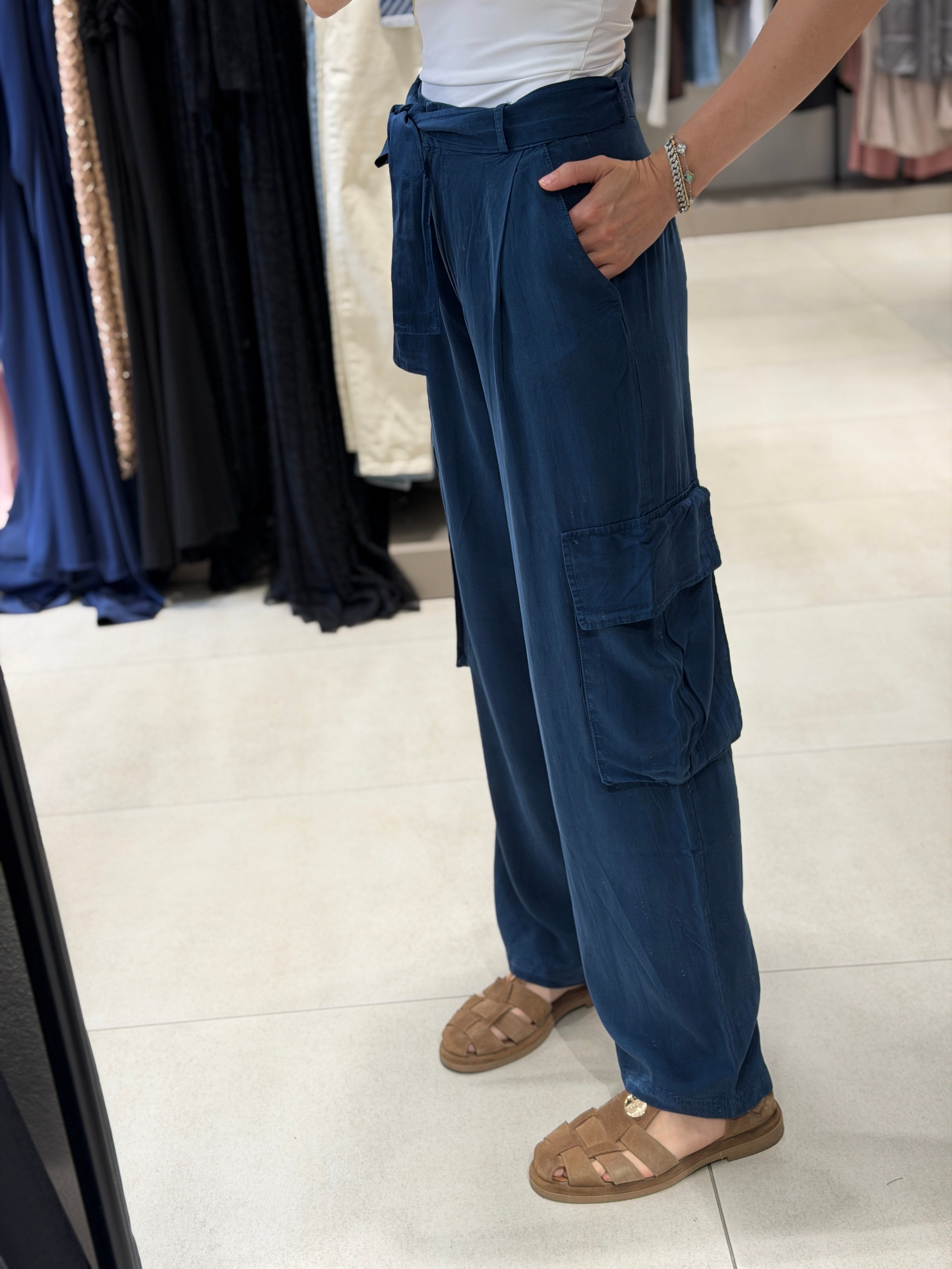 Beli Bağlamalı Kargo Cep Tensel Pantolon LACİVERT