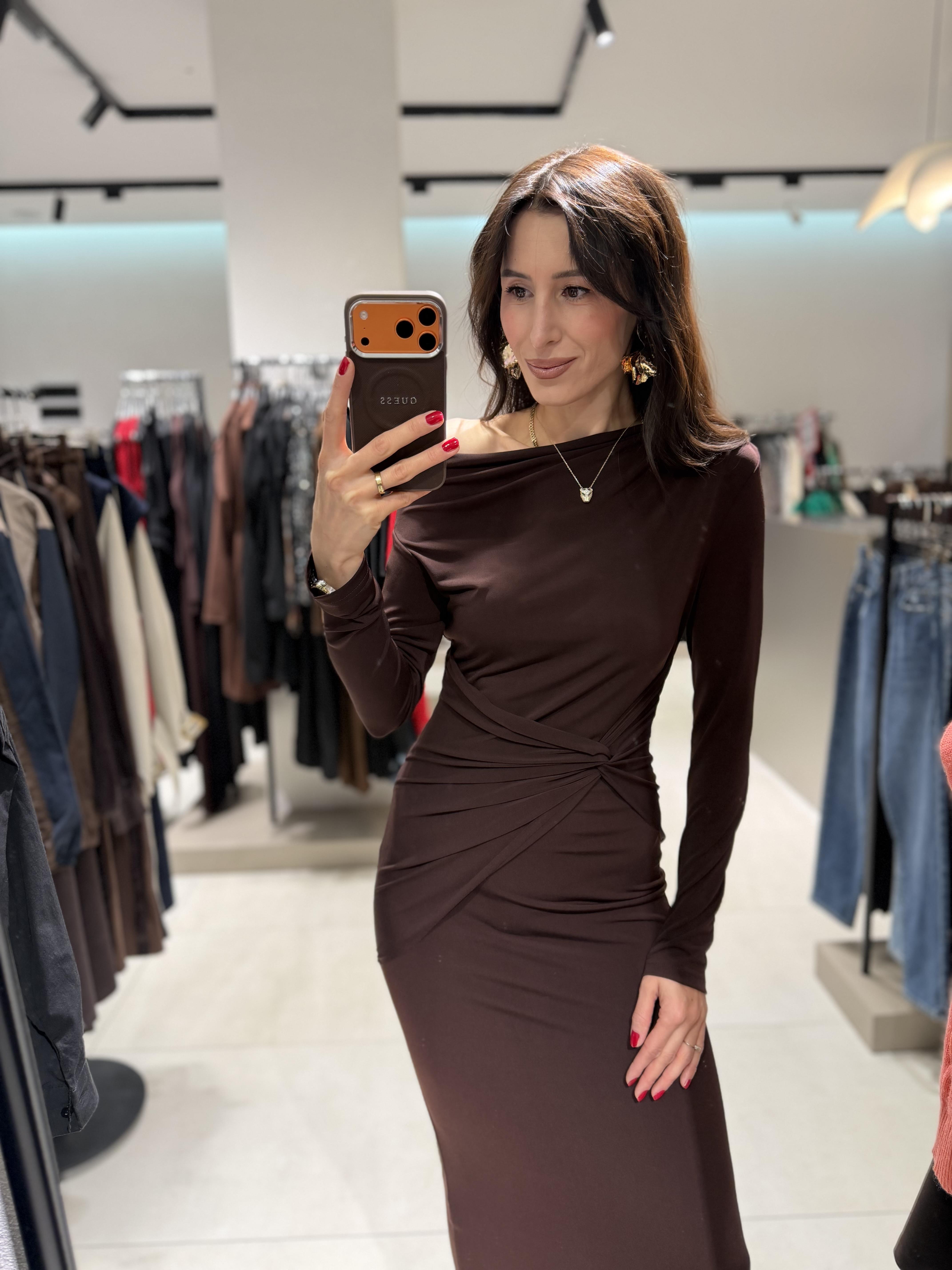 Beli Büzgülü Düşük Omuz Elbise KAHVE