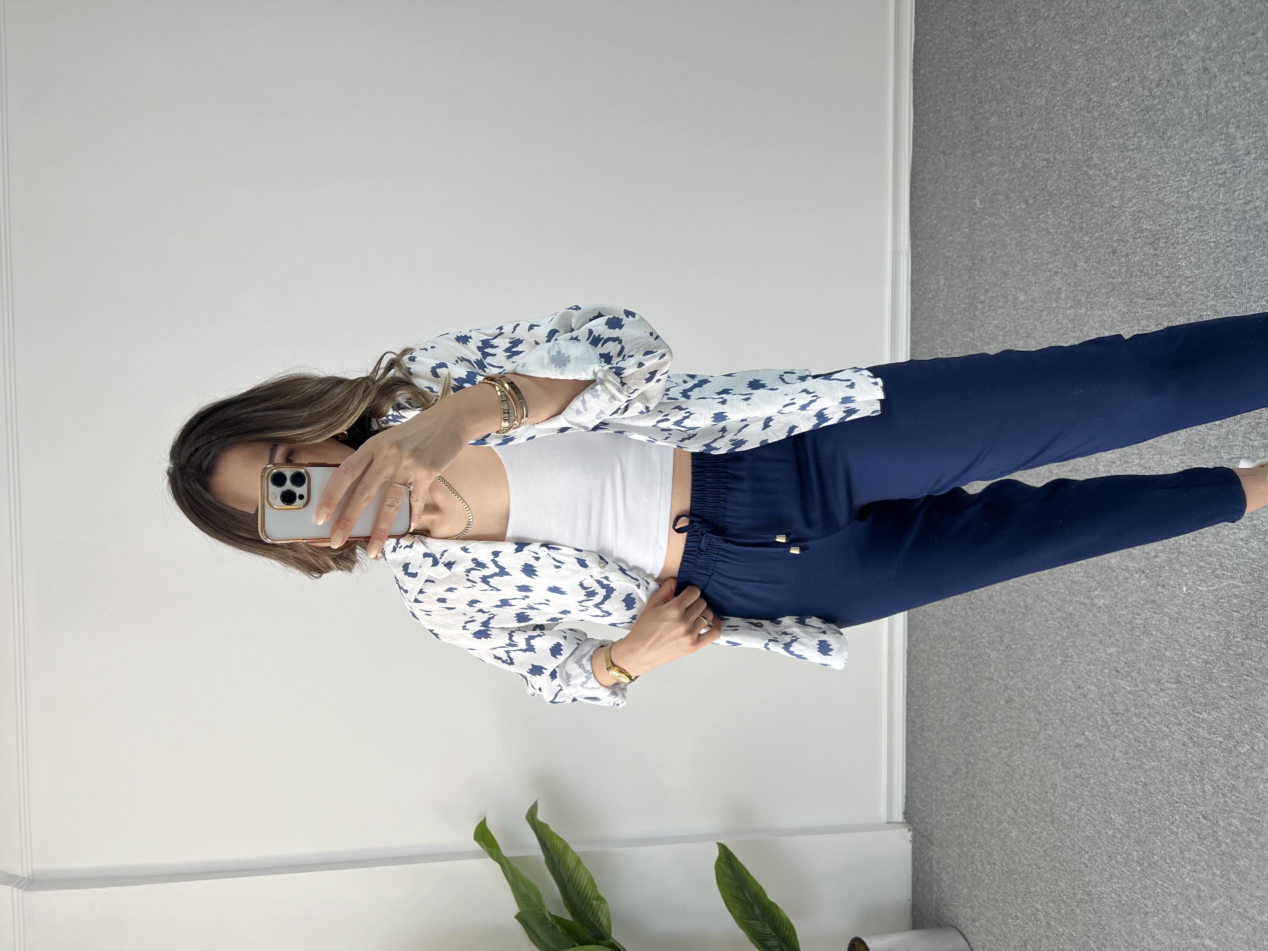 Beli Lastikli Lacivert Tensel Pantolon