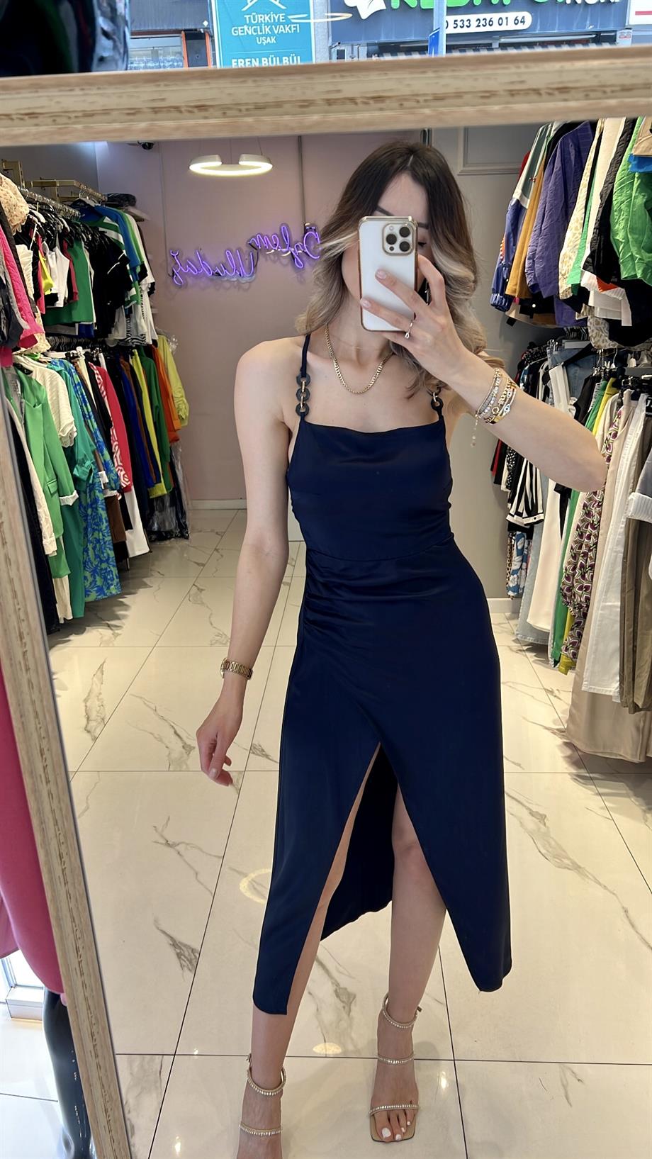 Bsl İp Asklı Saten Elbise