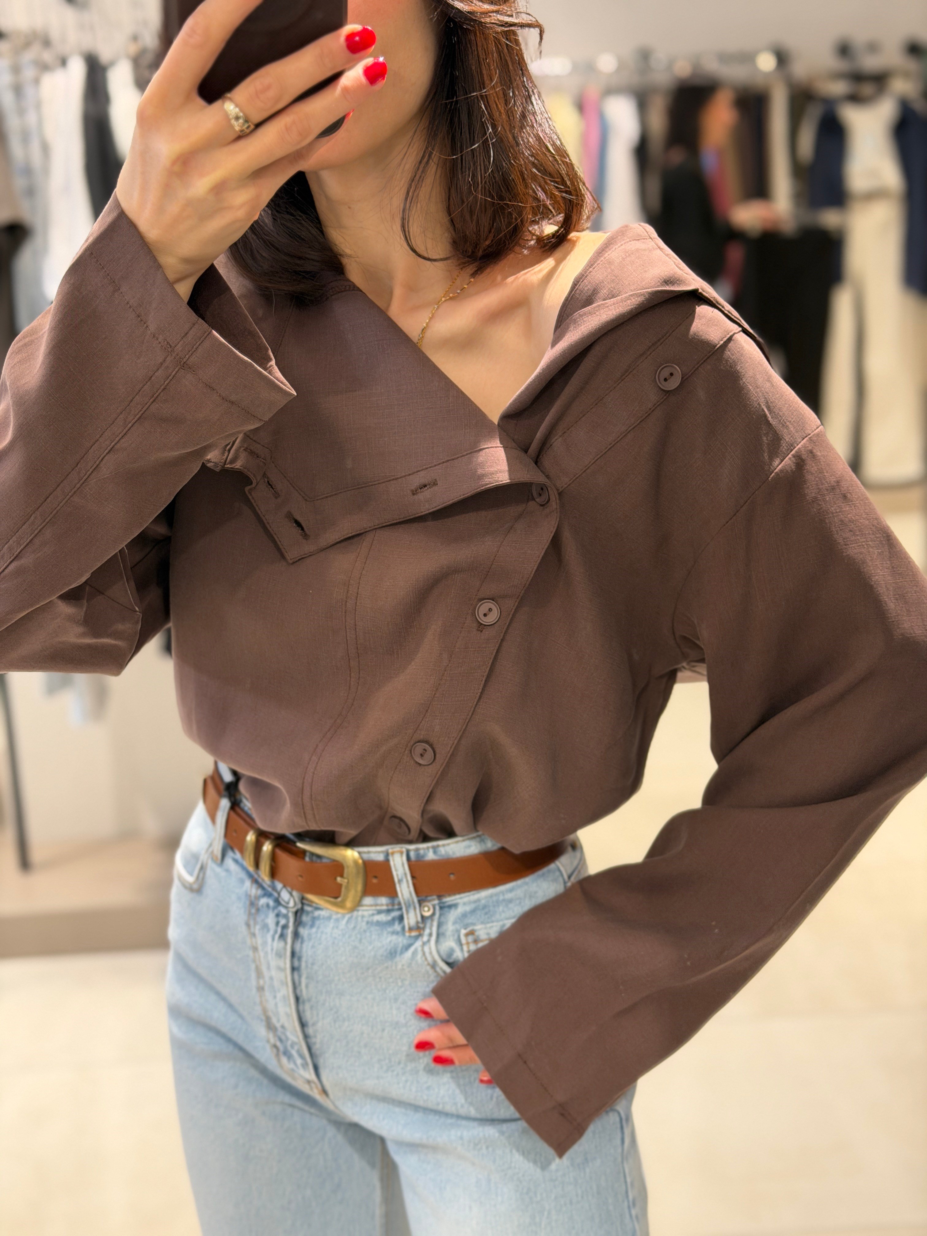 Çarpraz Düğmeli Tensel Gömlek KAHVE