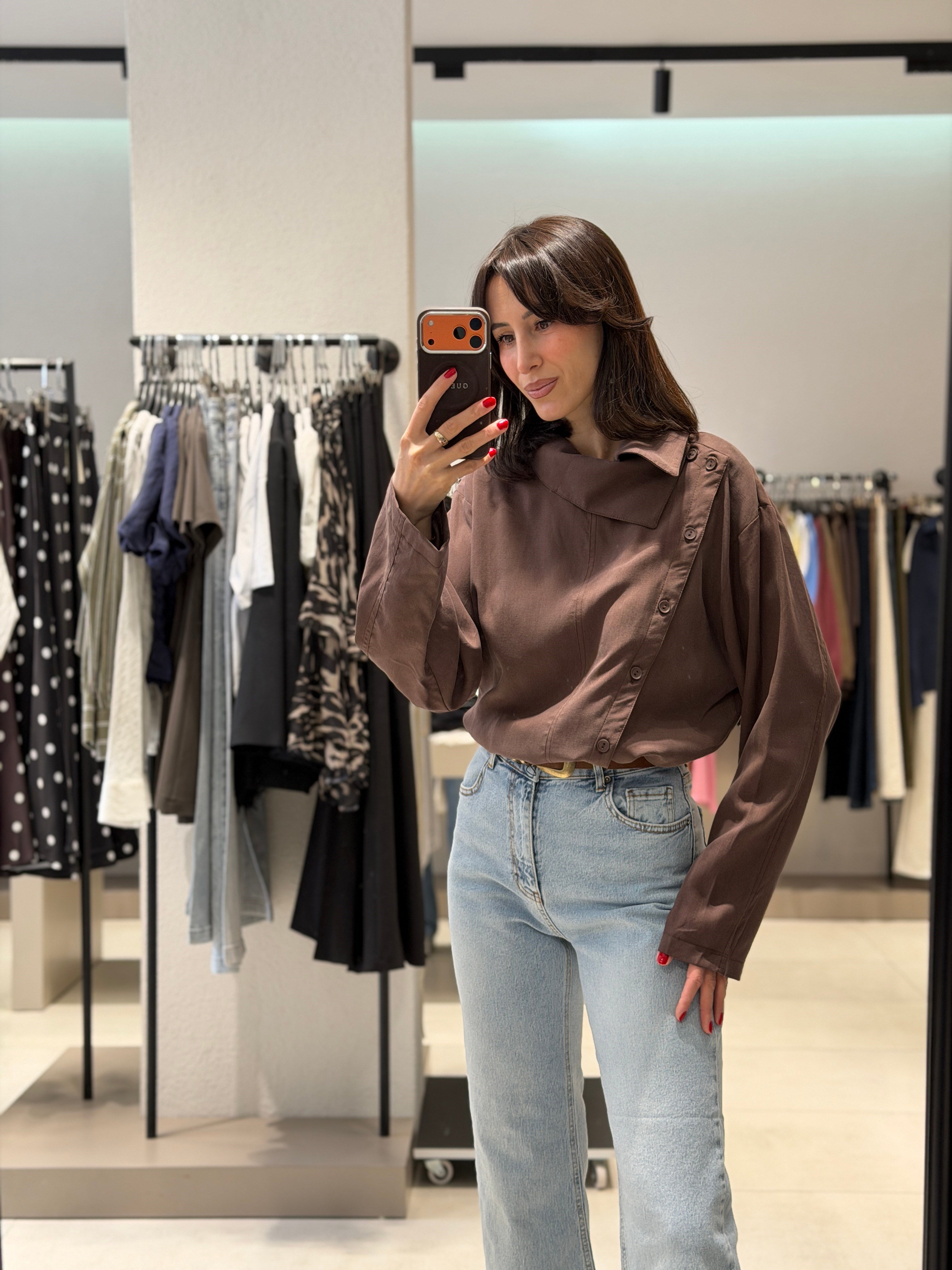 Çarpraz Düğmeli Tensel Gömlek KAHVE