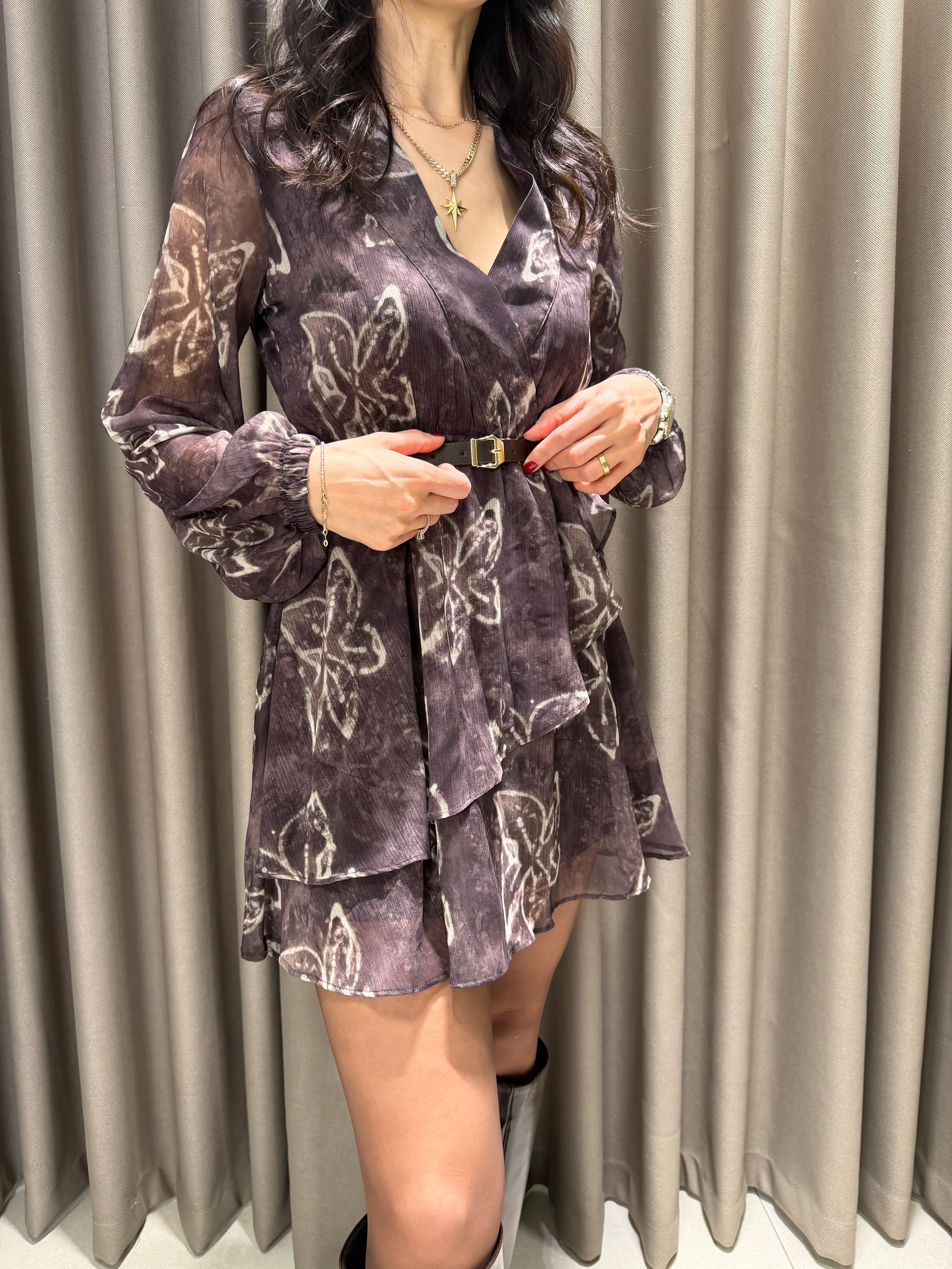 ÇİÇEK BASKILI ŞİFON ELBİSE KAHVE