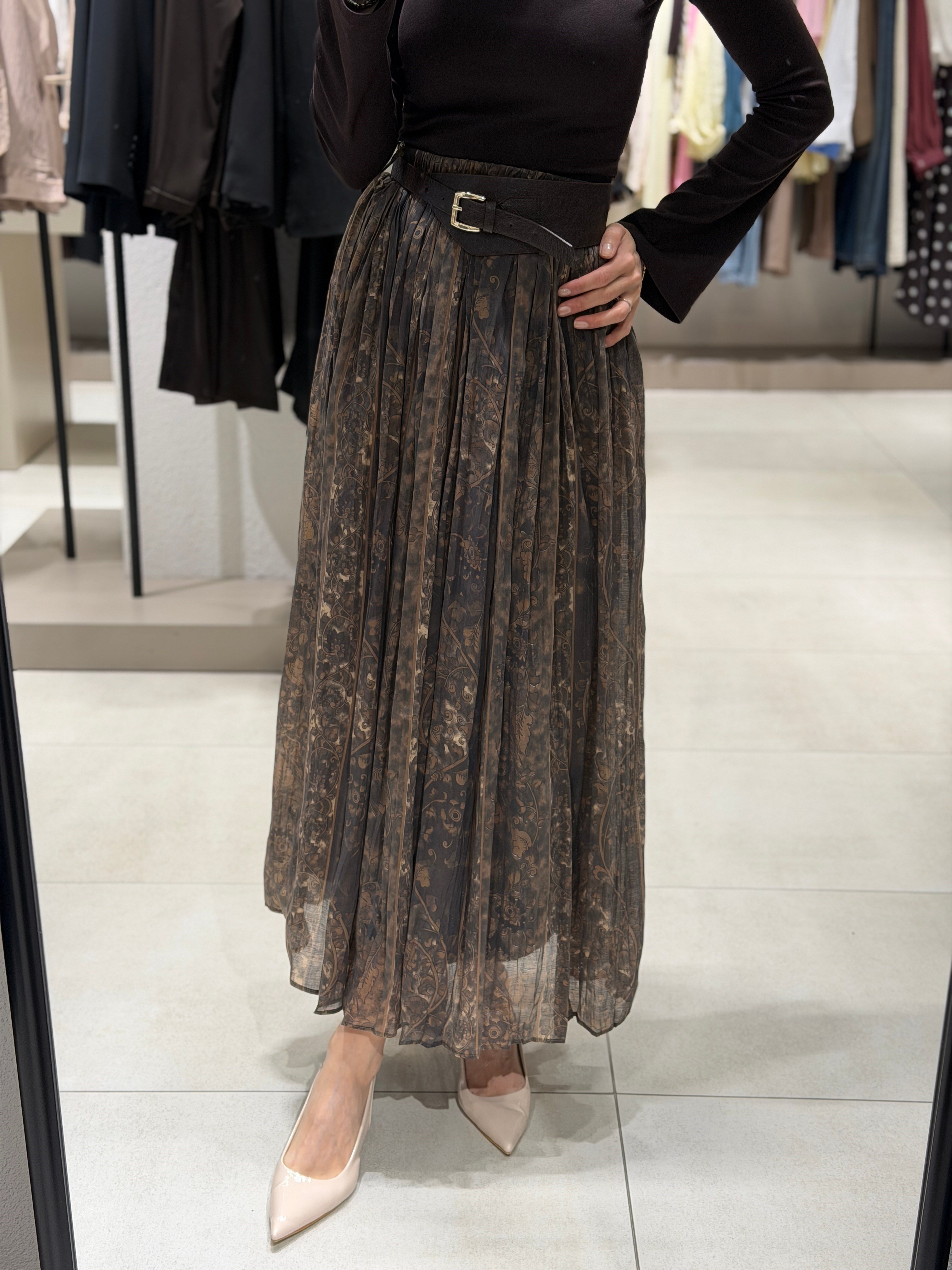 Çiçekli Kemerli Şifon Etek KAHVE