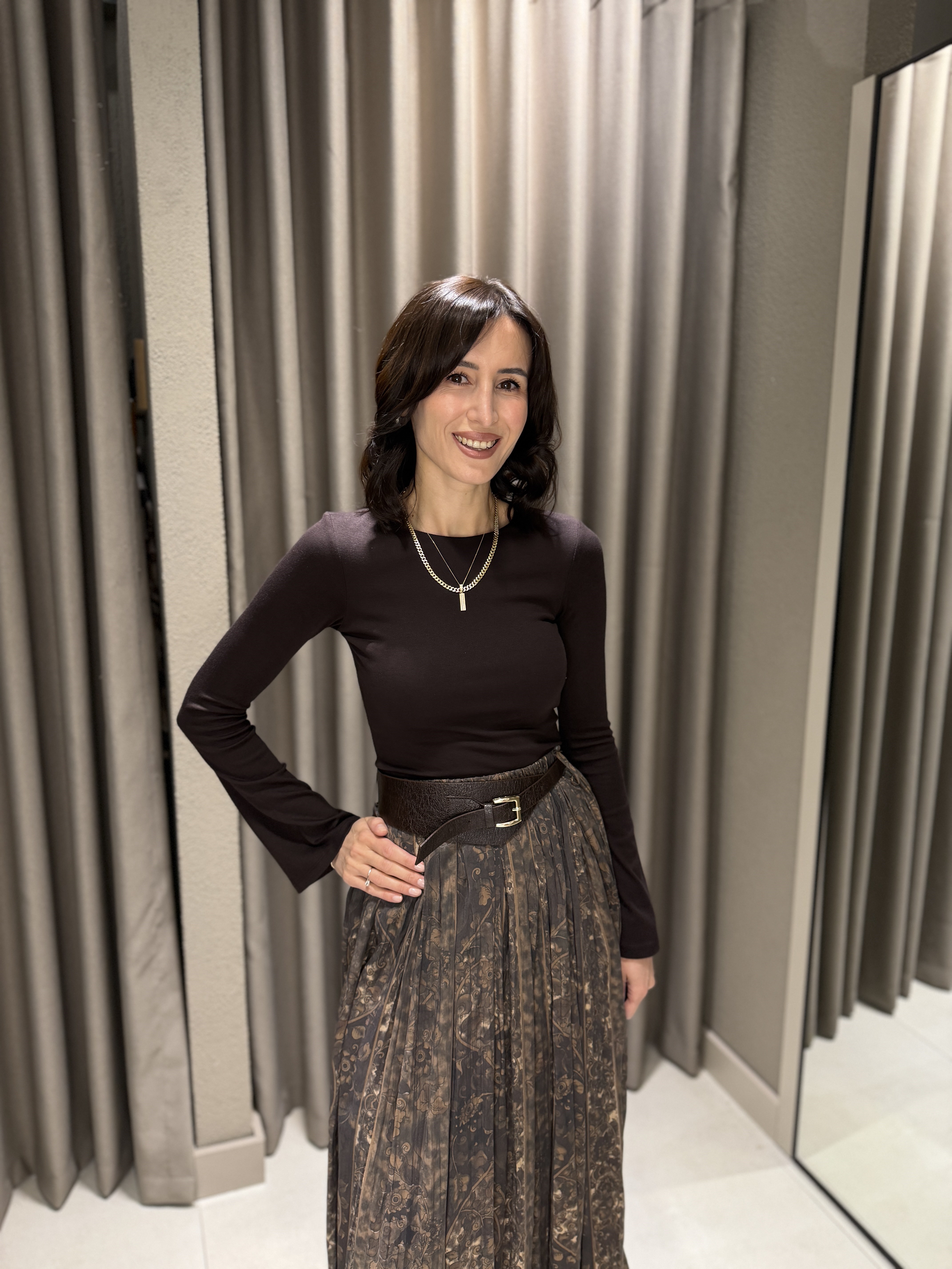 Çiçekli Kemerli Şifon Etek KAHVE