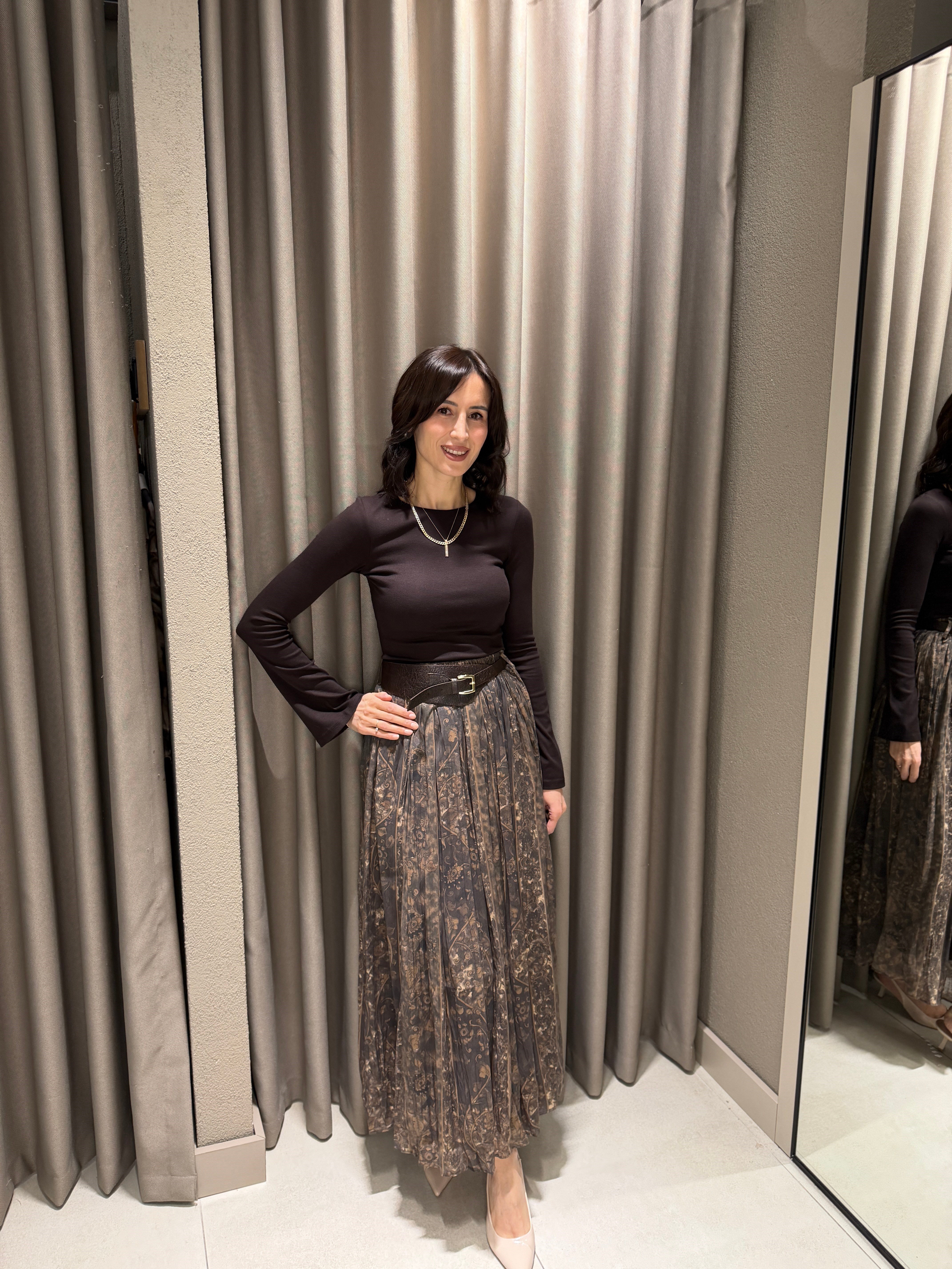 Çiçekli Kemerli Şifon Etek KAHVE