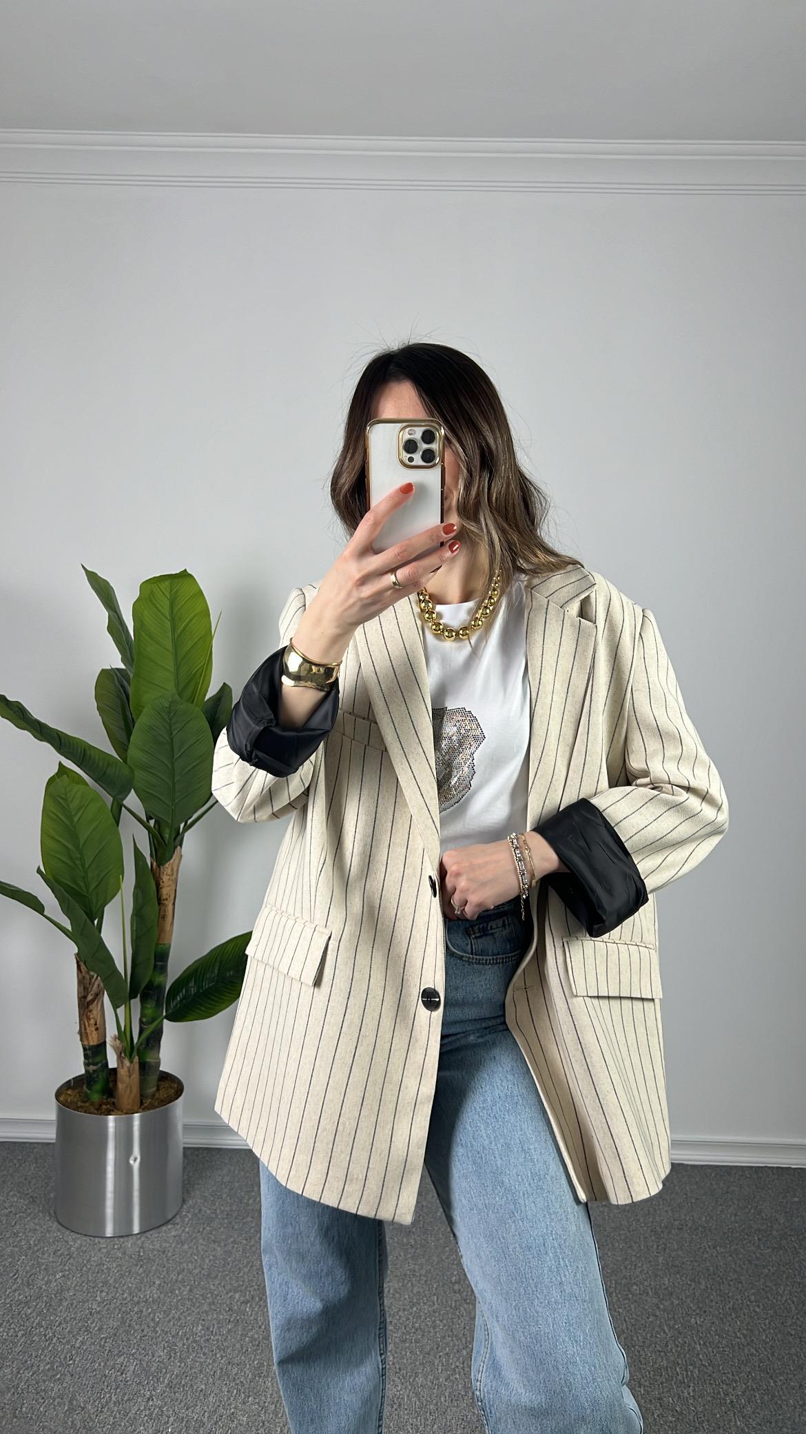 Çizgili Keten Blazer Ceket