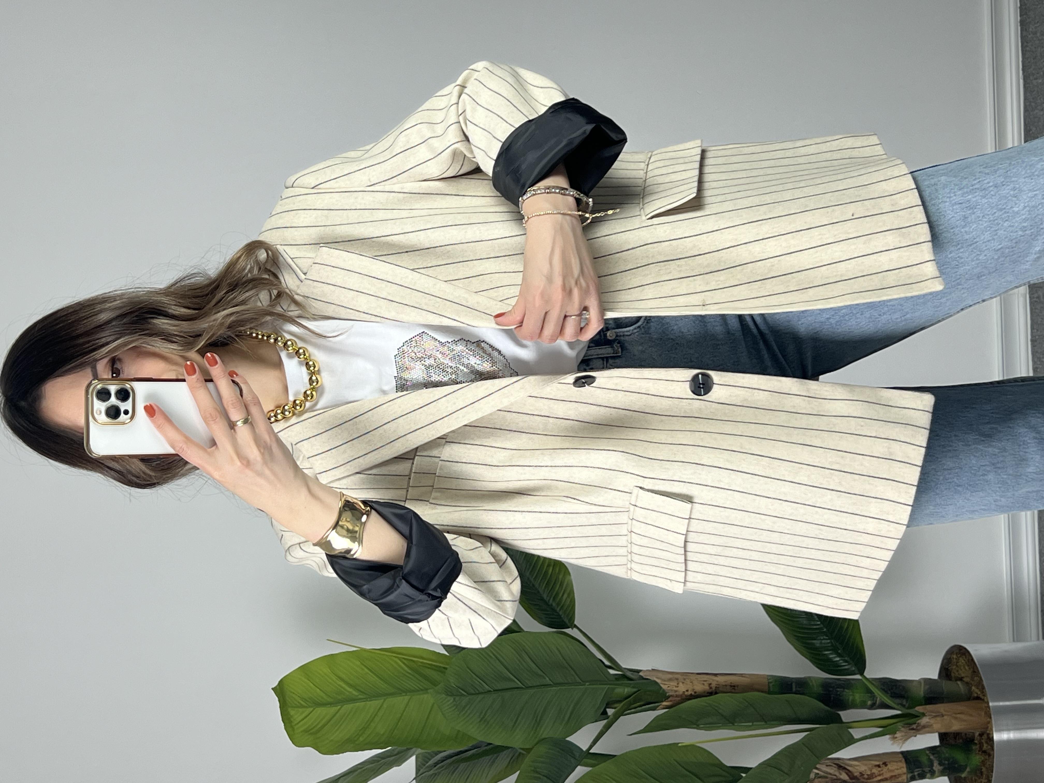 Çizgili Keten Blazer Ceket