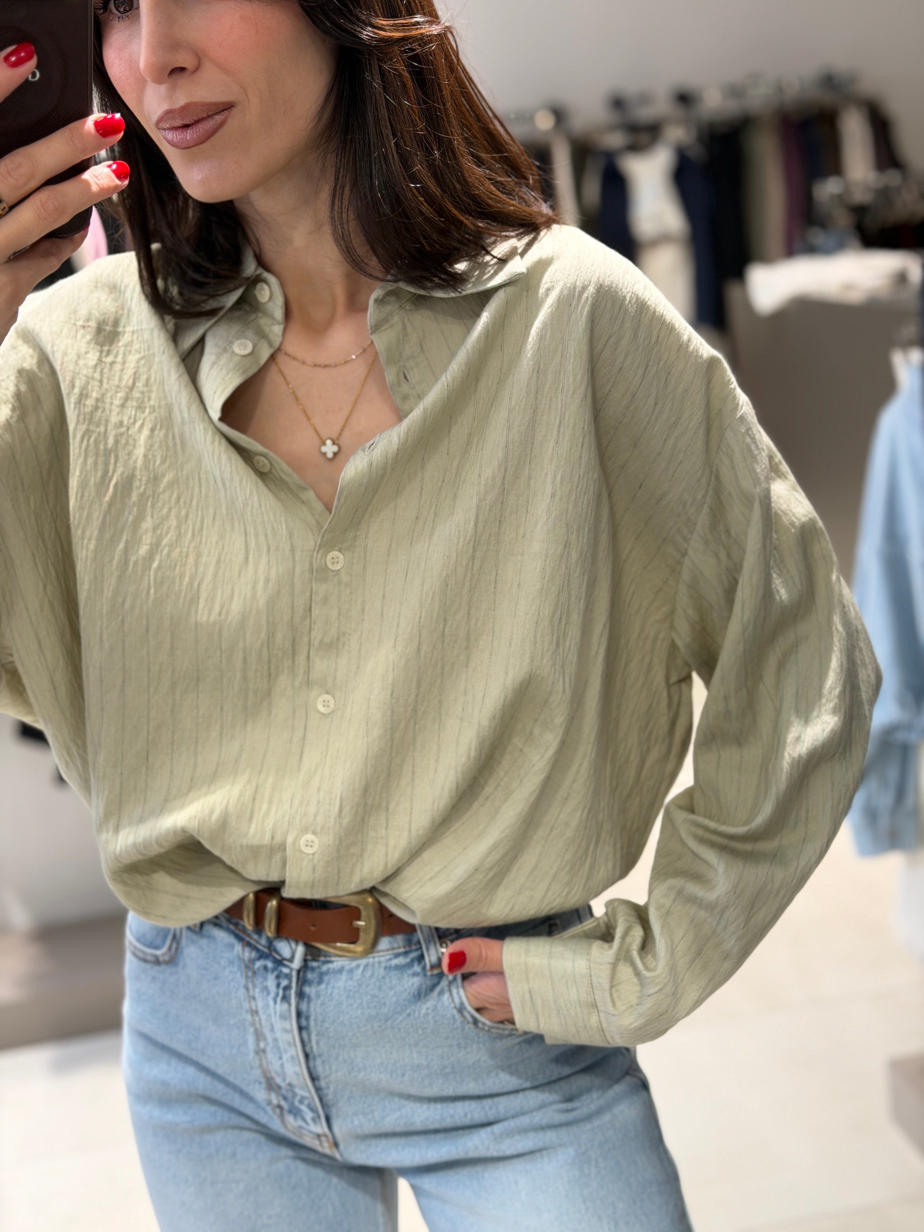 Çizgili Keten Gömlek YEŞİL