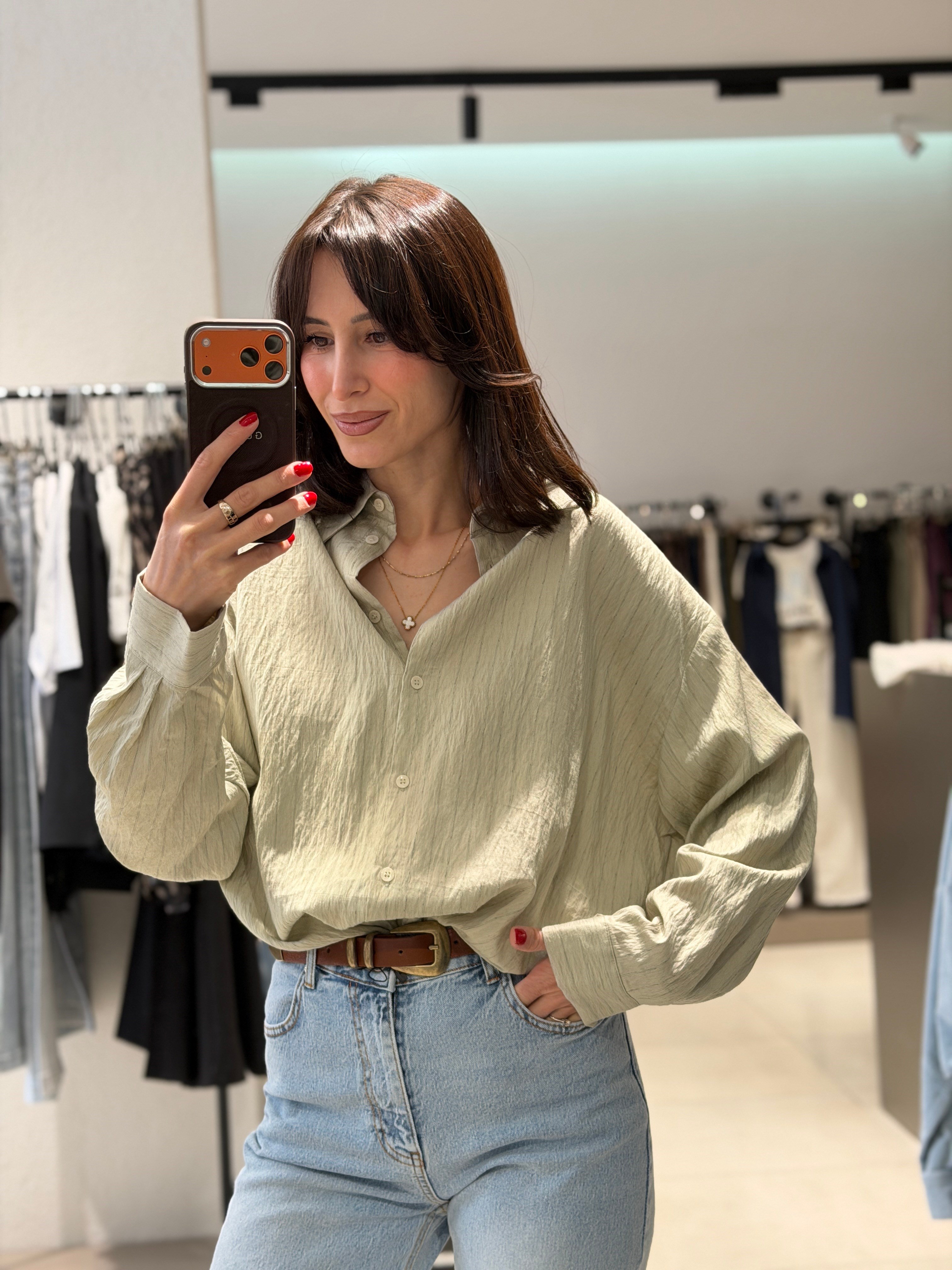 Çizgili Keten Gömlek YEŞİL