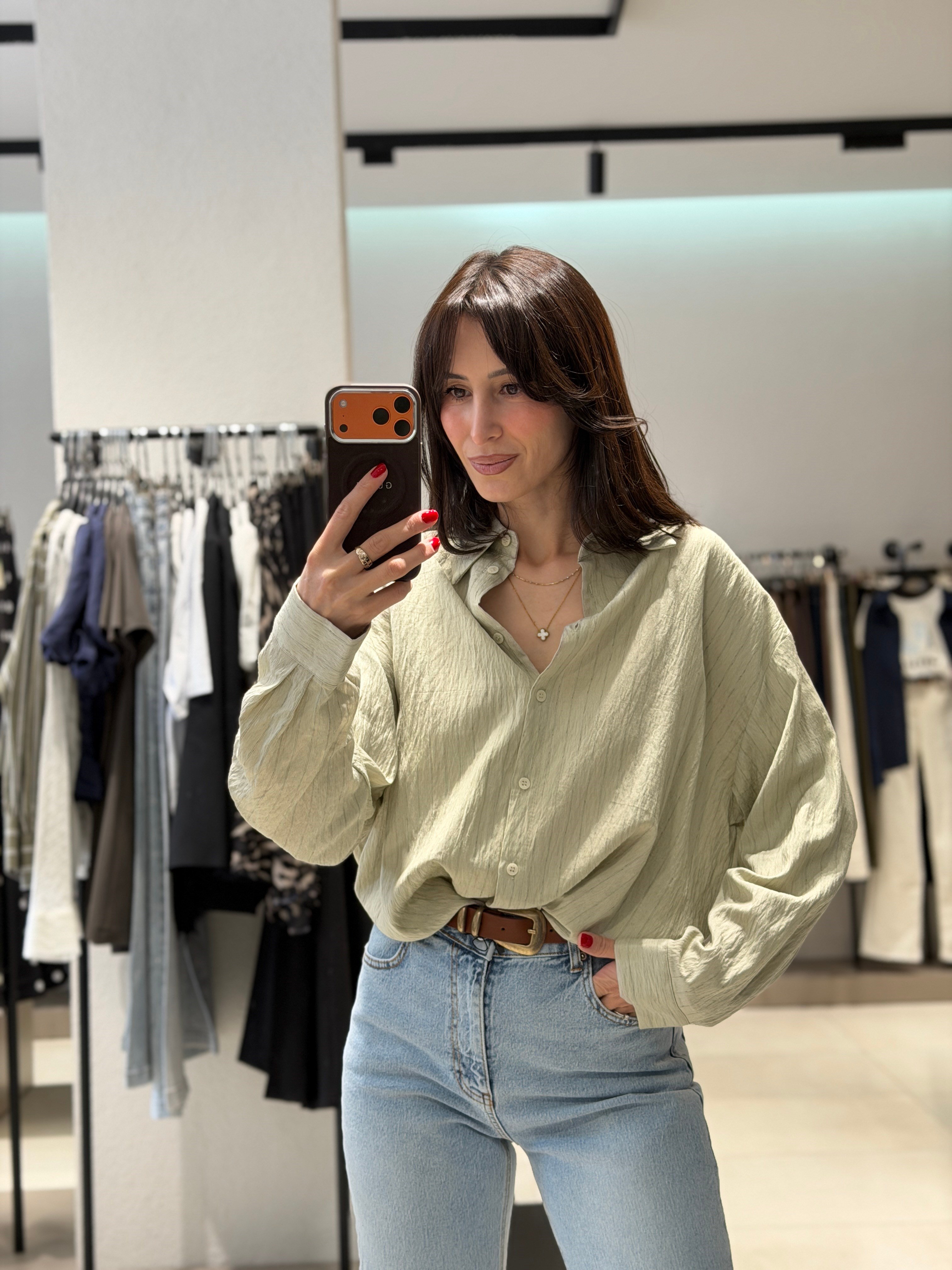 Çizgili Keten Gömlek YEŞİL