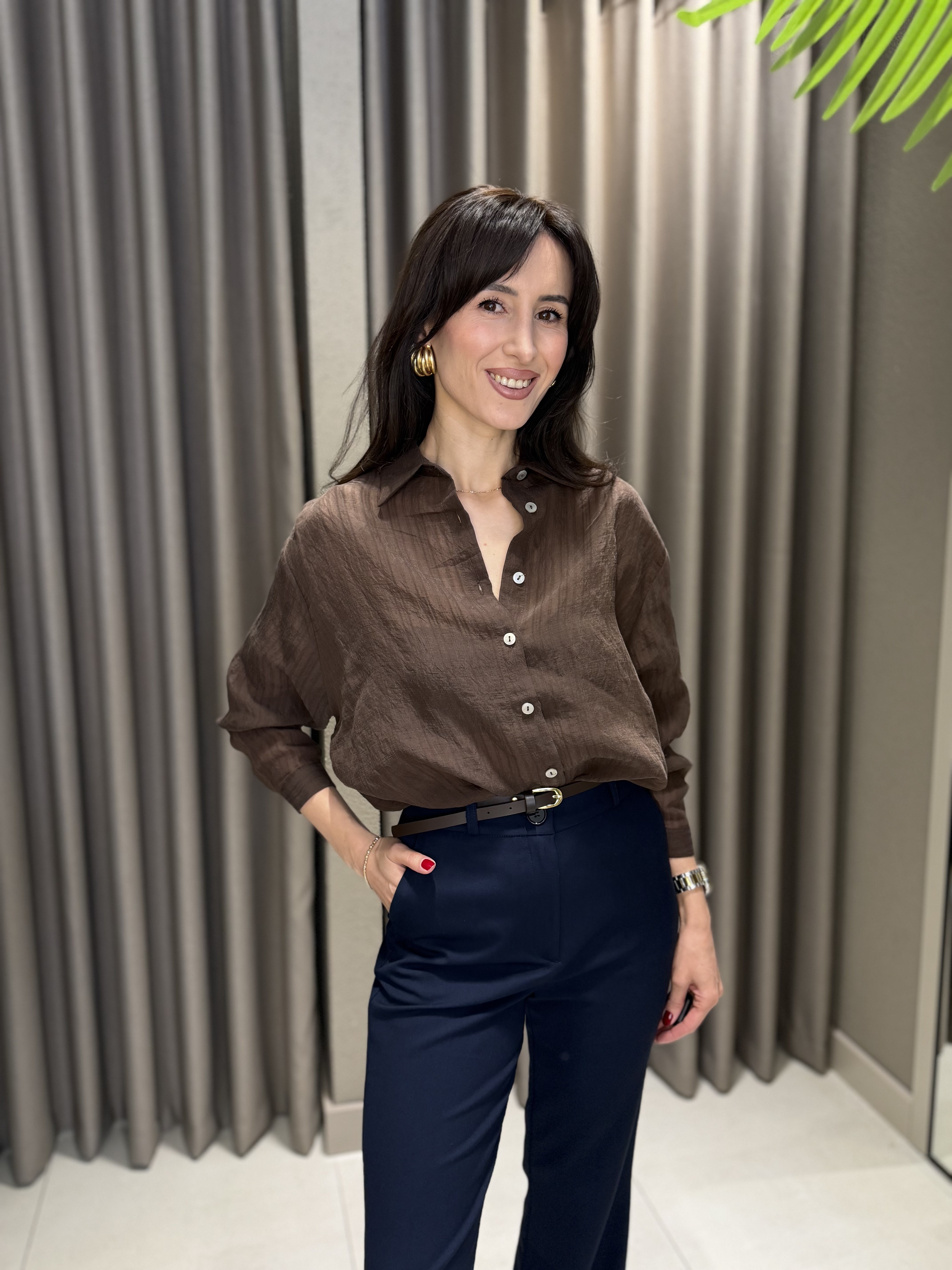 ÇİZGİLİ TRANSPARAN OWERSİZE GÖMLEK KAHVE