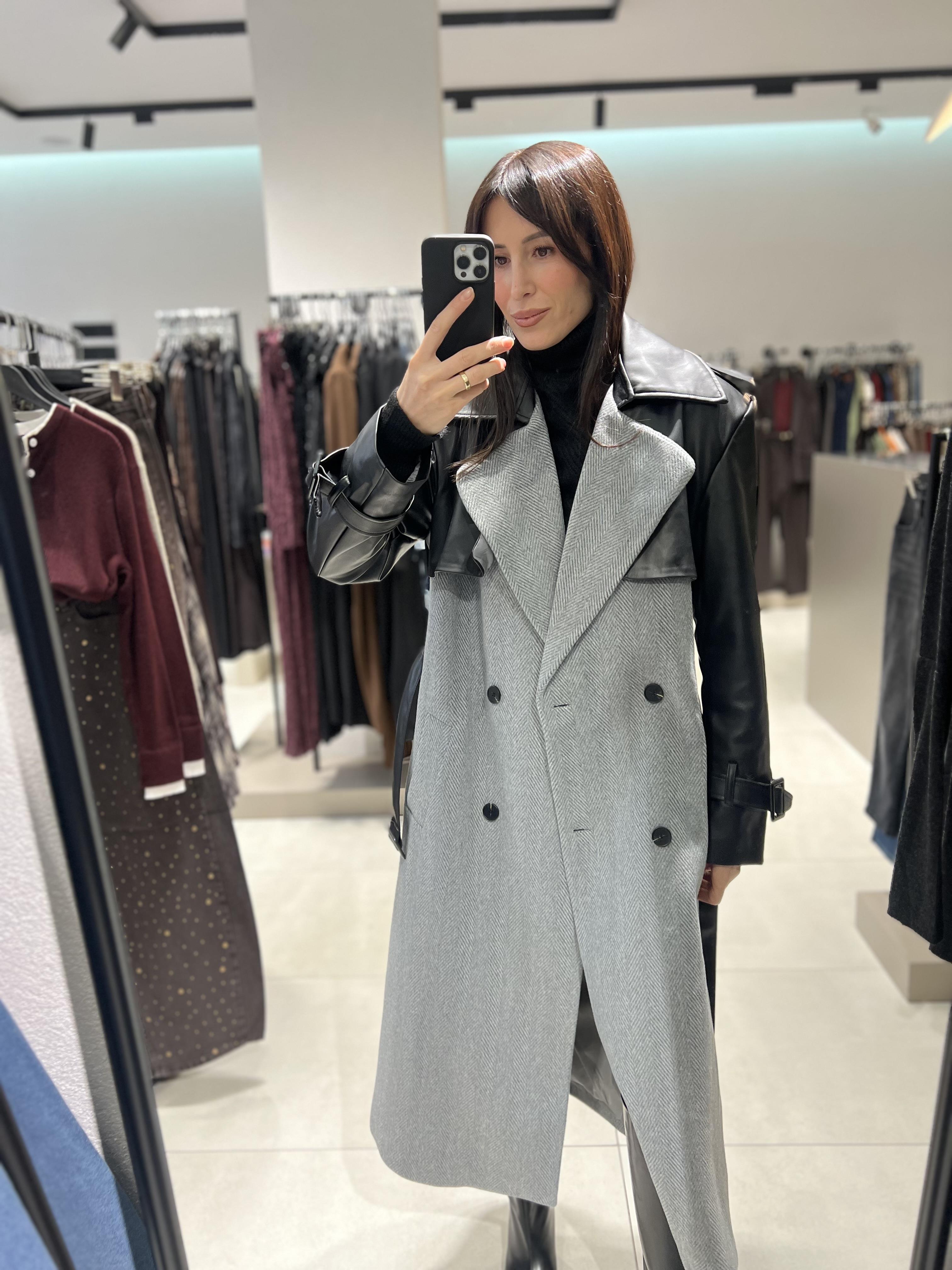 Deri Detay Kaşe Kaban Gri