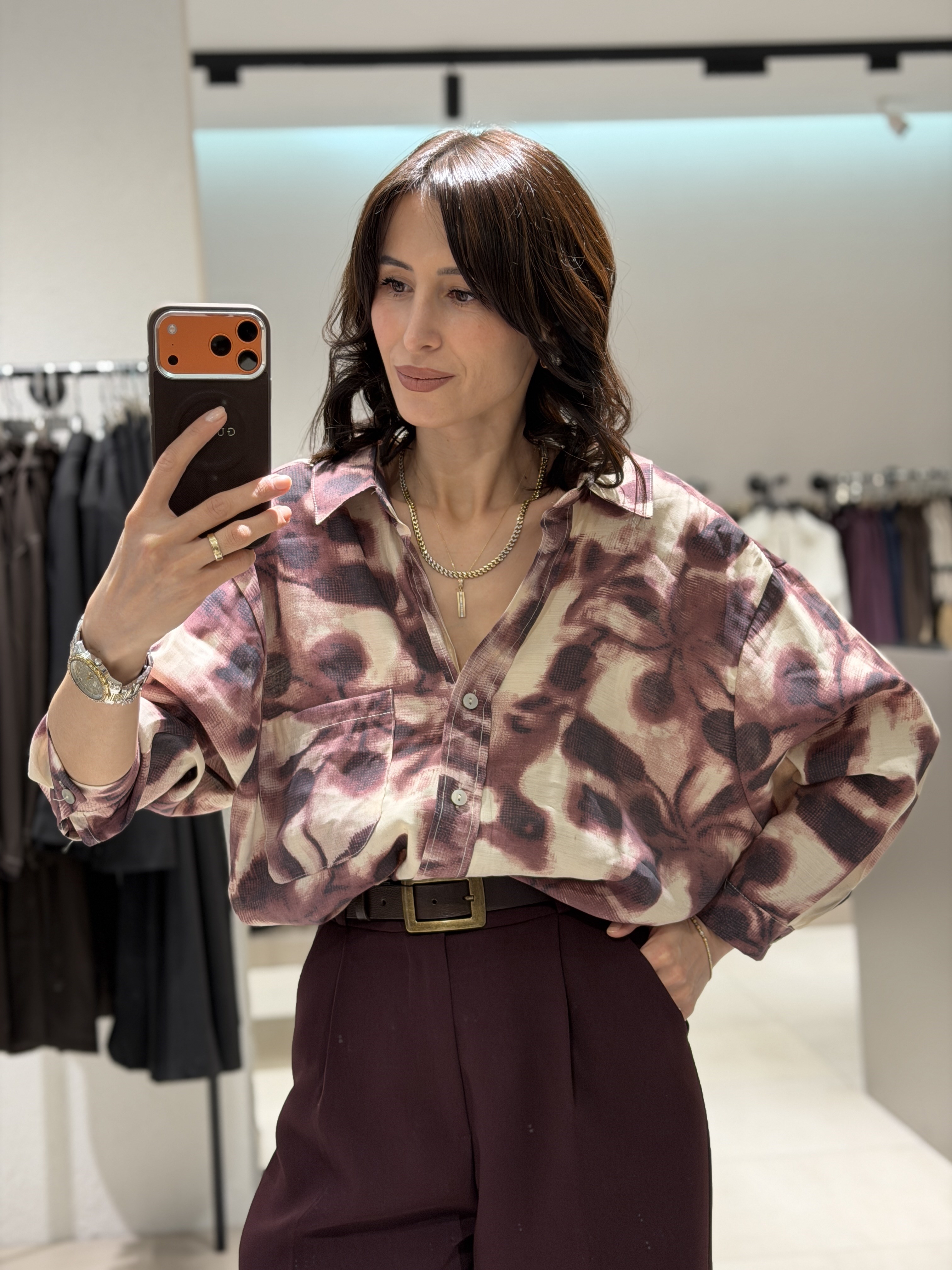 Desenli Owersize Gömlek BORDO