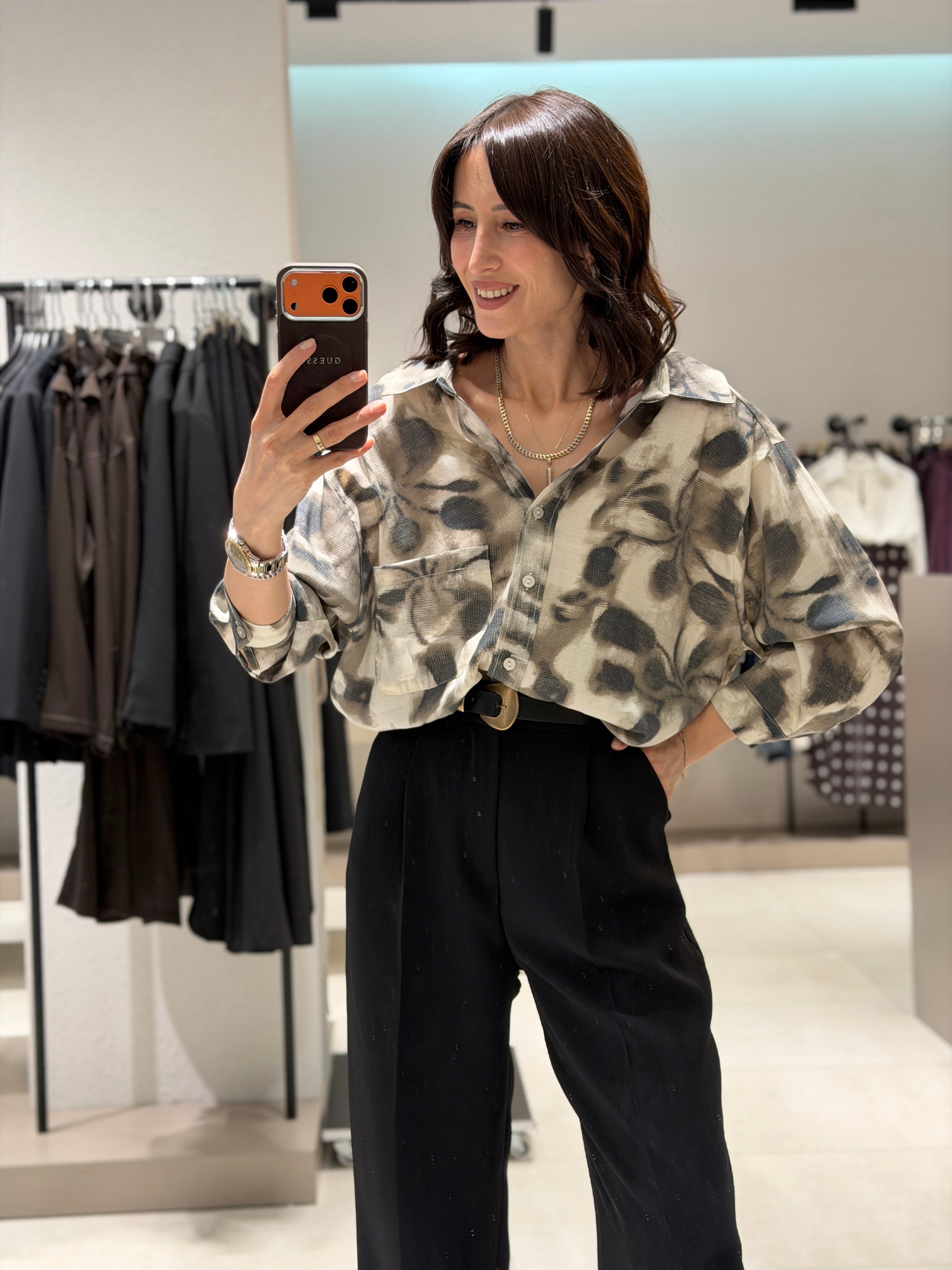 Desenli Owersize Gömlek GRİ