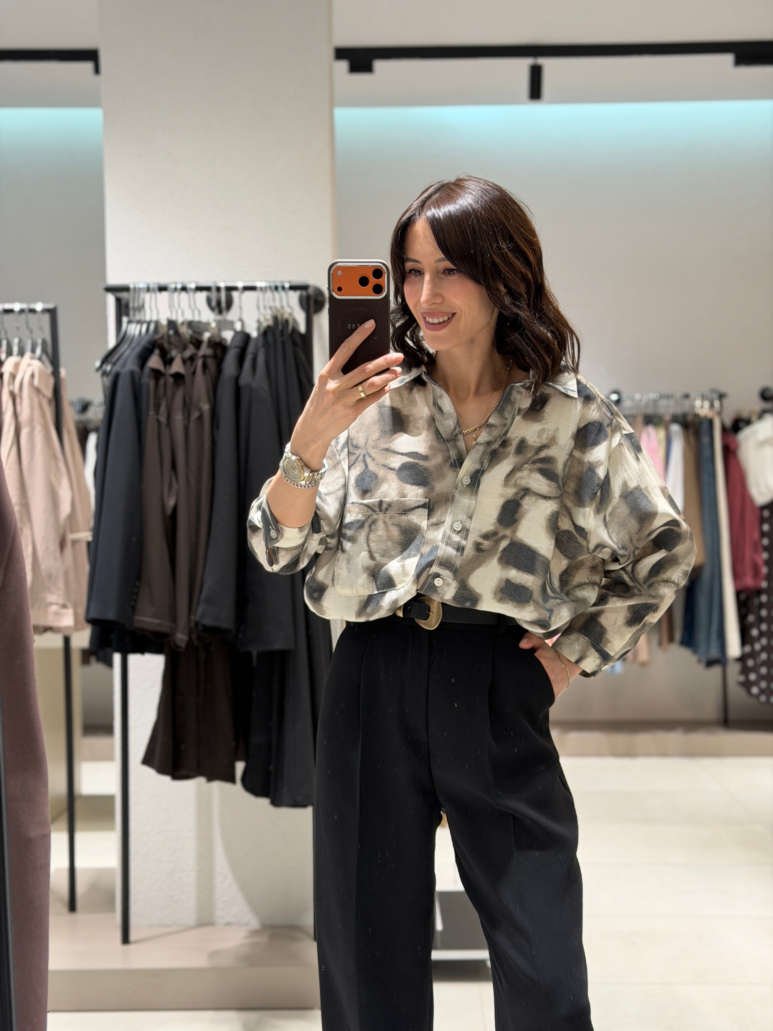 Desenli Owersize Gömlek GRİ