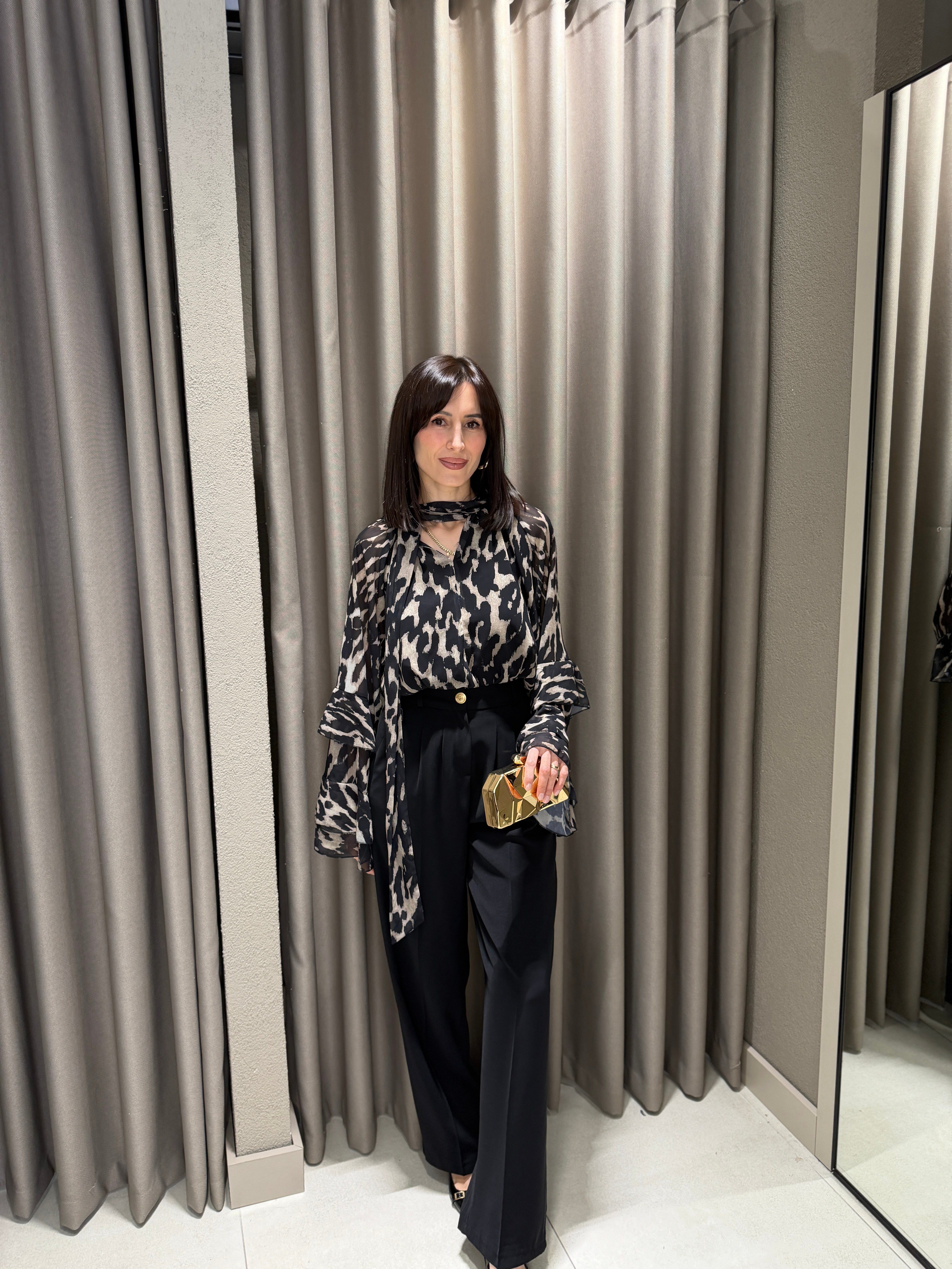 Desenli Şifon Bluz SİYAH