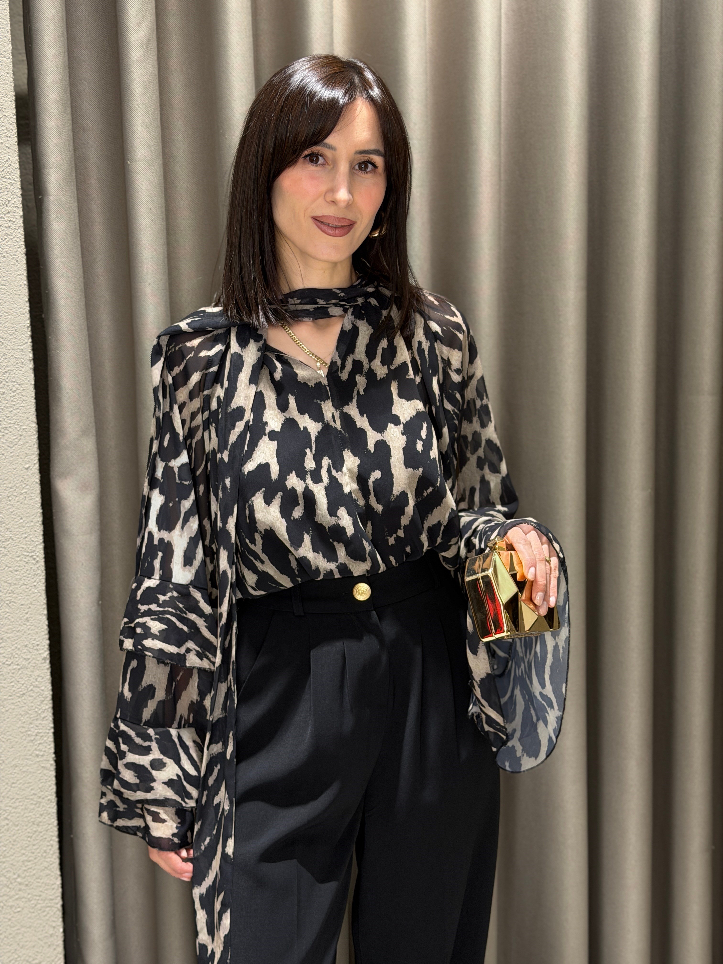 Desenli Şifon Bluz SİYAH