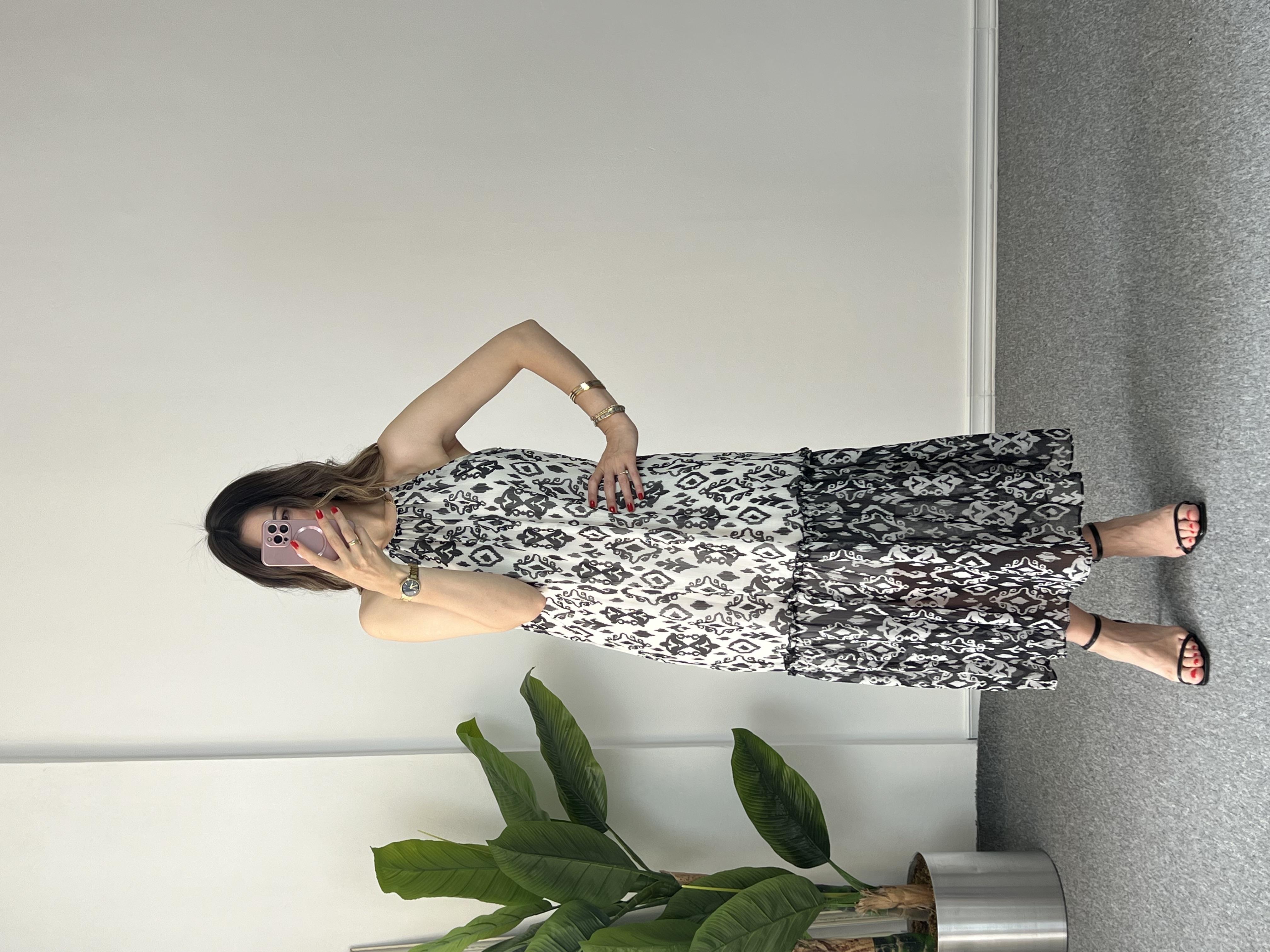 Desenli Şifon Midi Boy Elbise