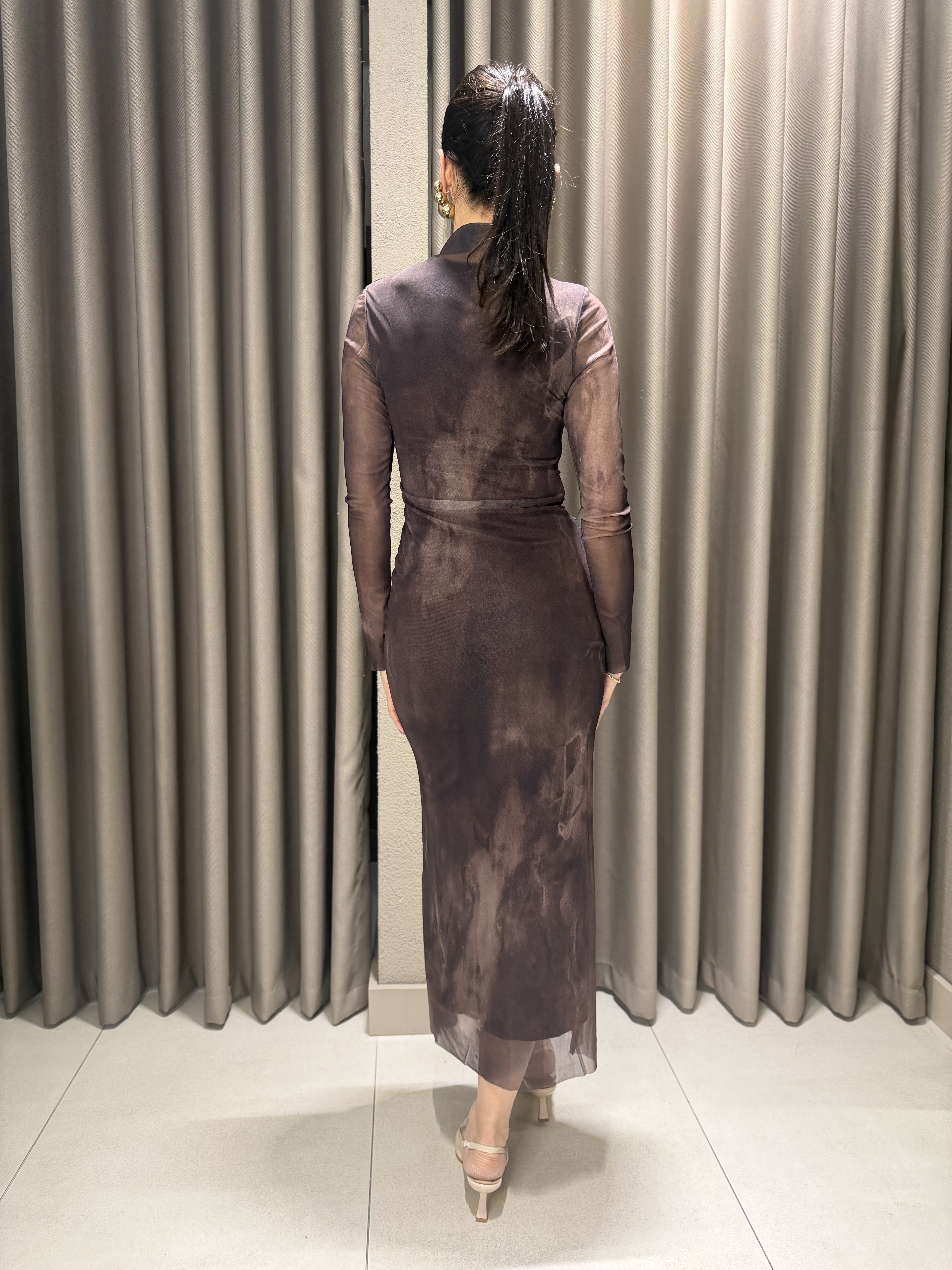 DESENLİ TÜL ELBİSE KAHVE