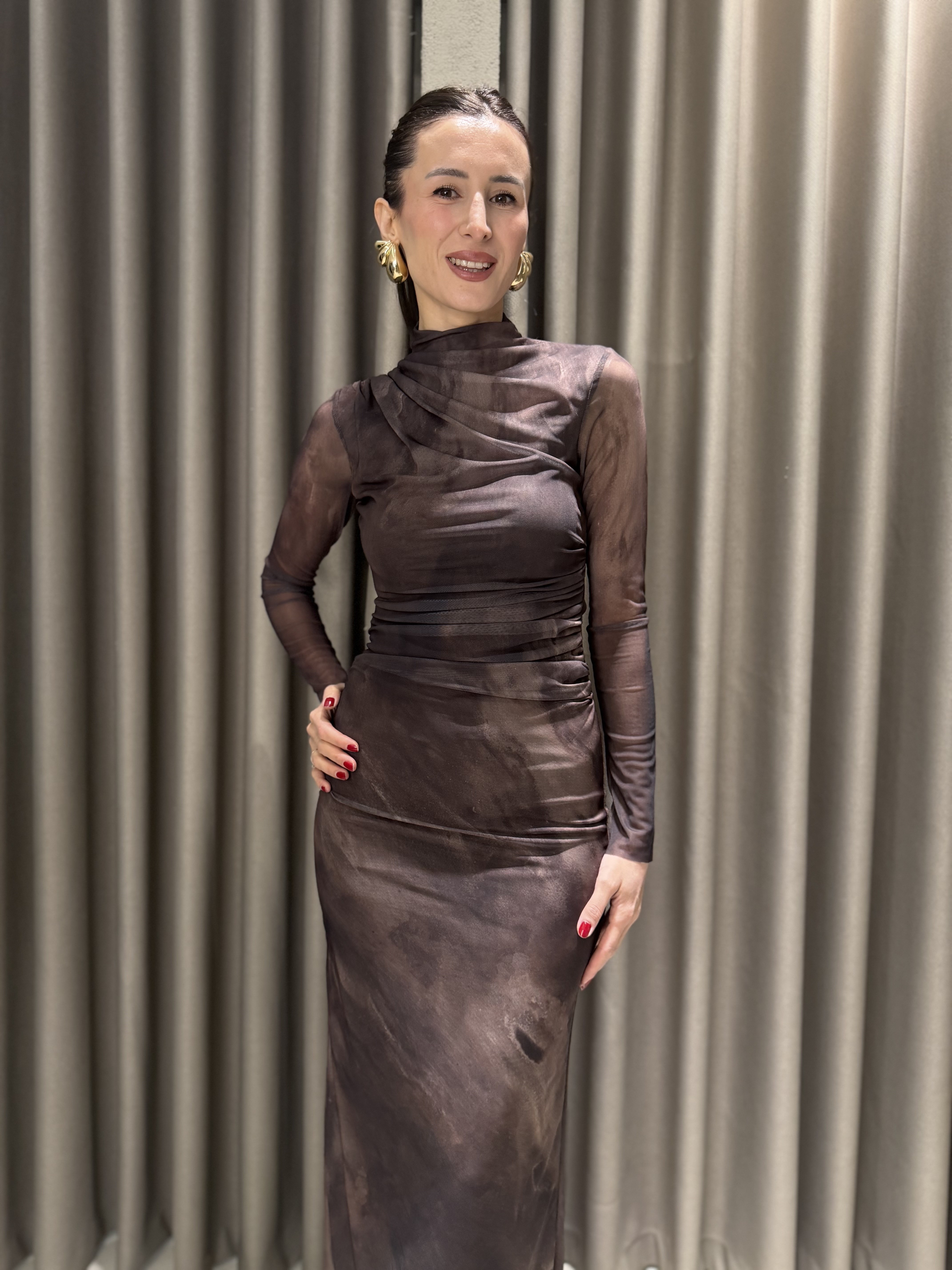 DESENLİ TÜL ELBİSE KAHVE