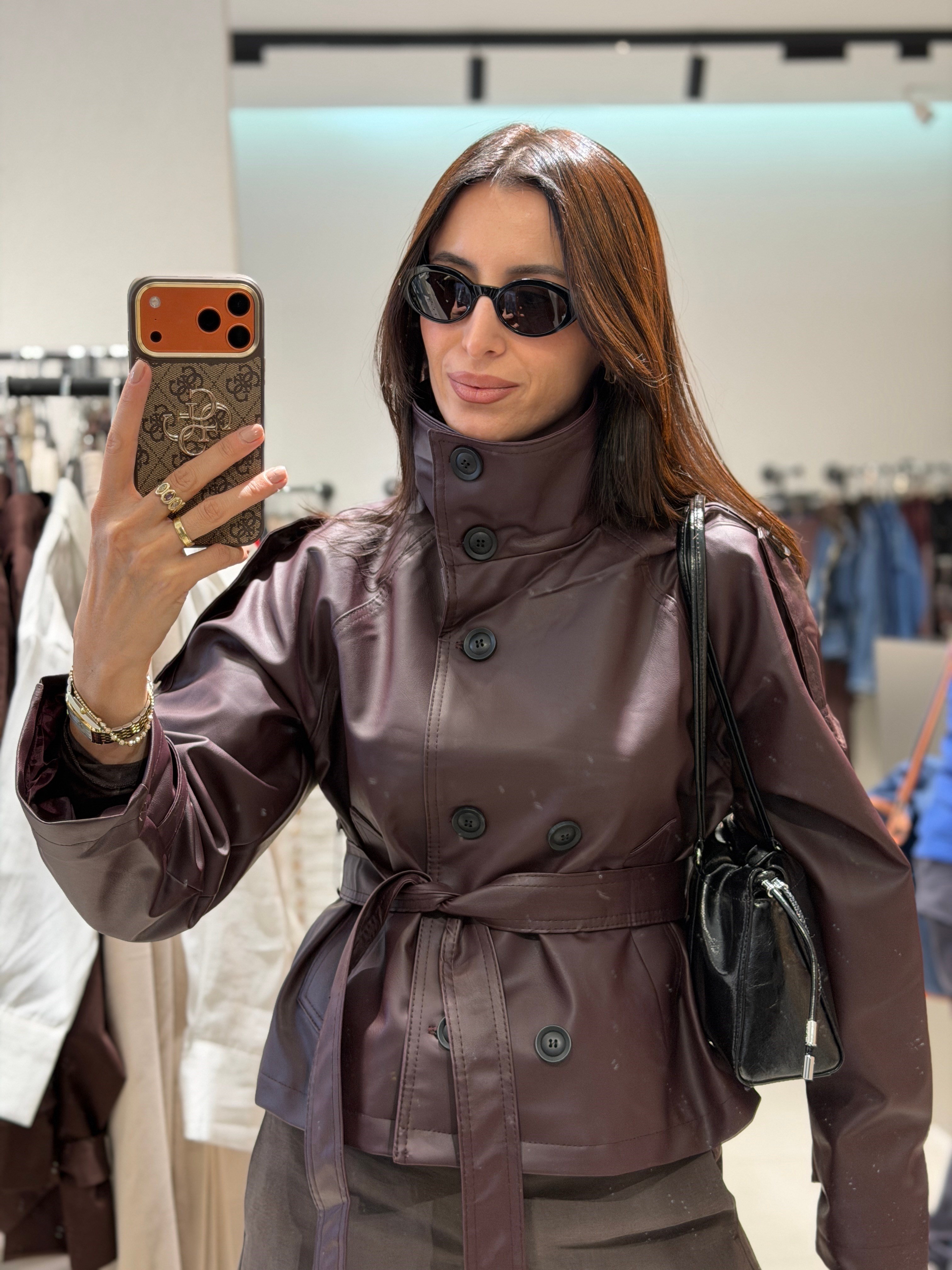 Dik Yaka Kuşaklı Deri Ceket BORDO