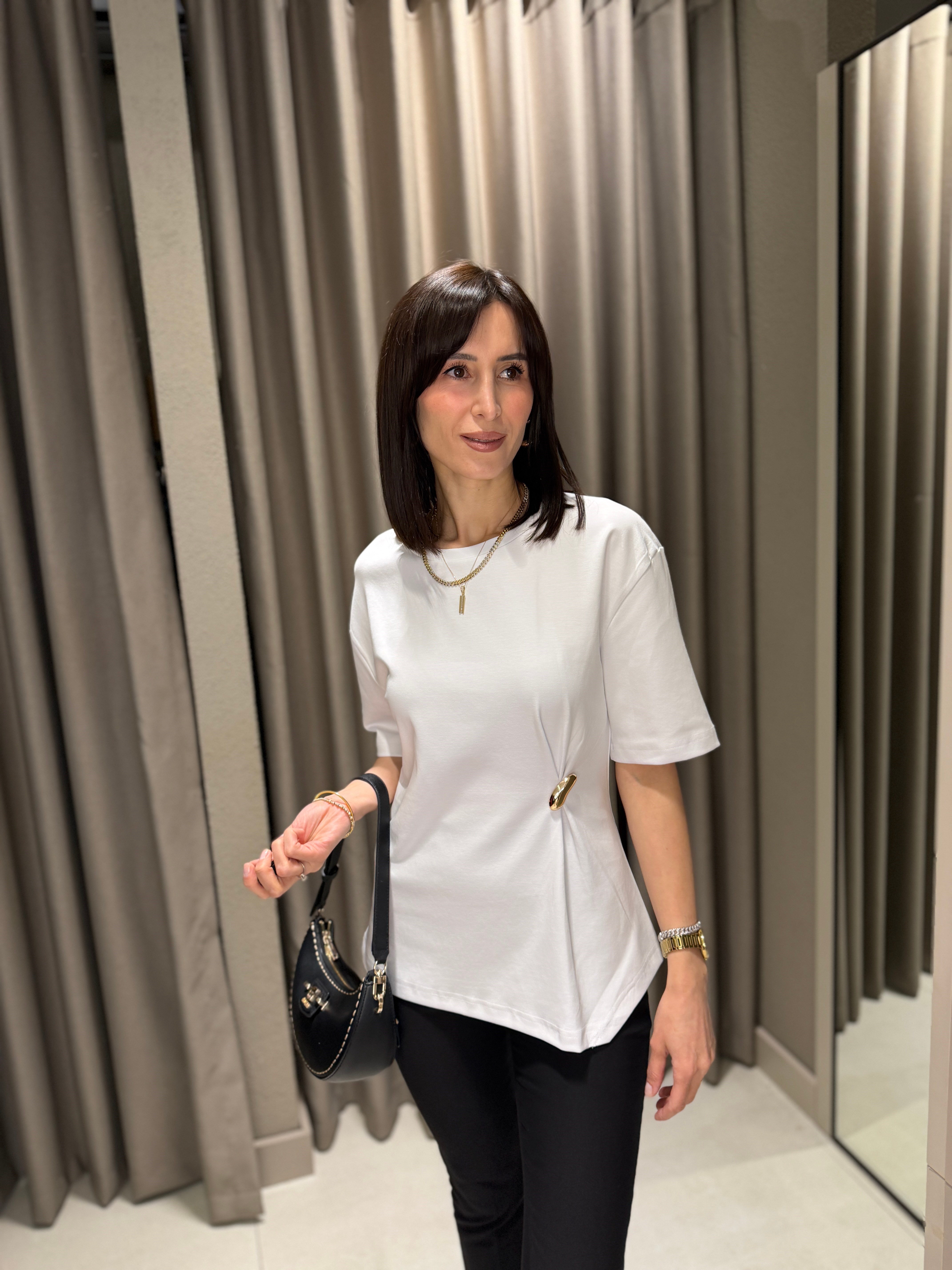 DİLVİN Beli Tokalı Premium Tshırt BEYAZ