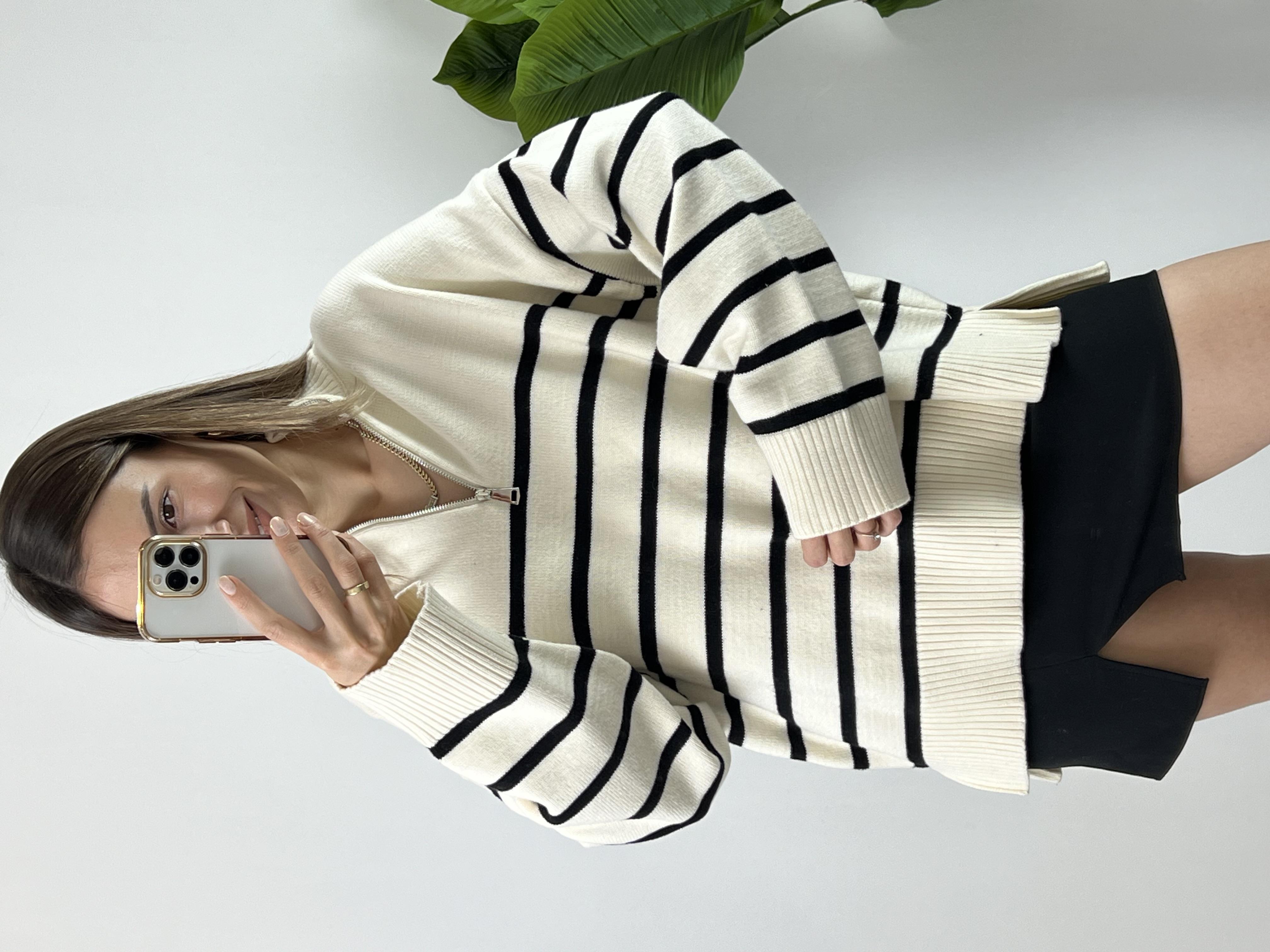 Dilvin Fermuarlı Çizgili Premium Kazak