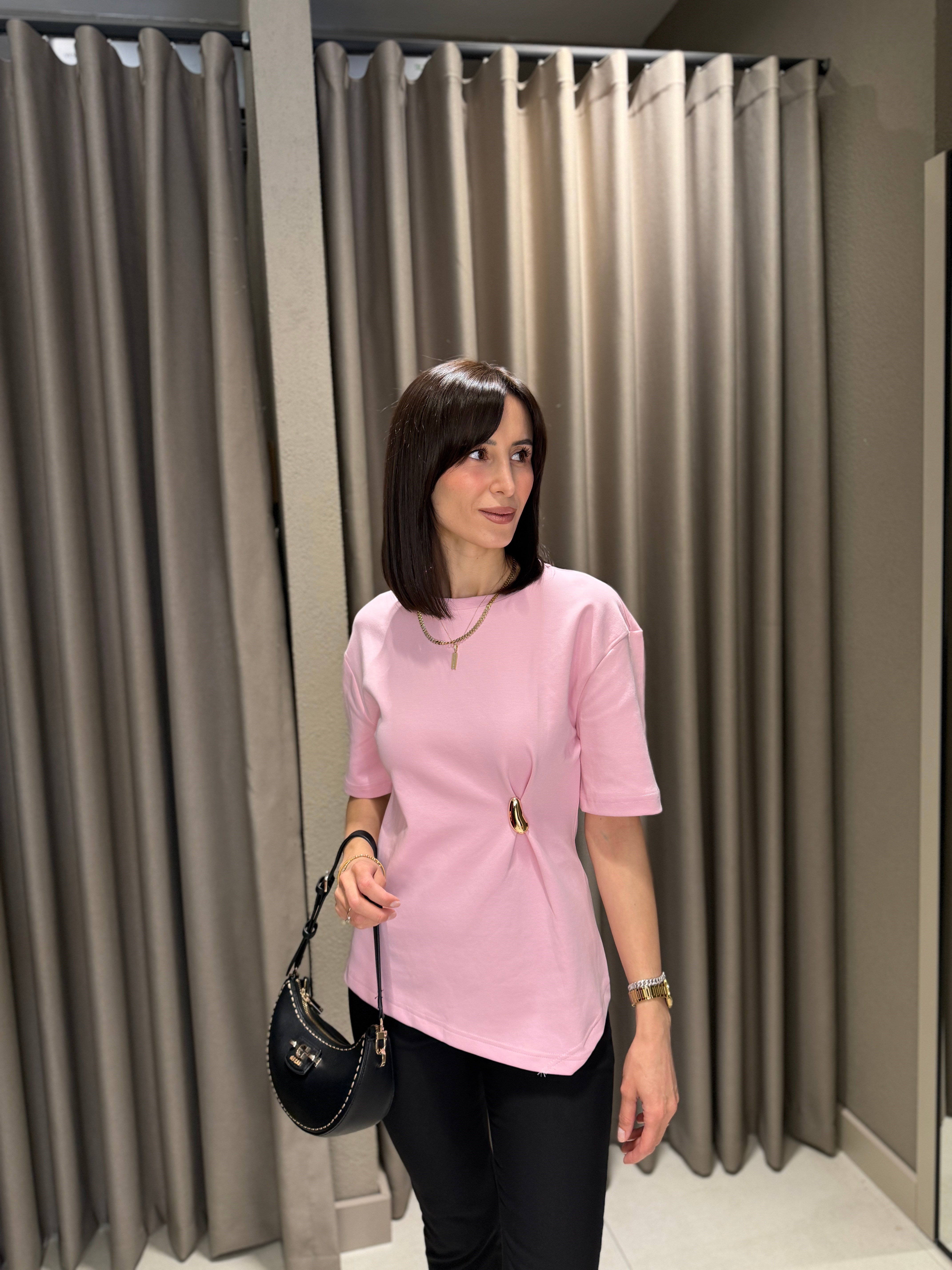 DİLVİN Beli Tokalı Premium Tshırt PEMBE