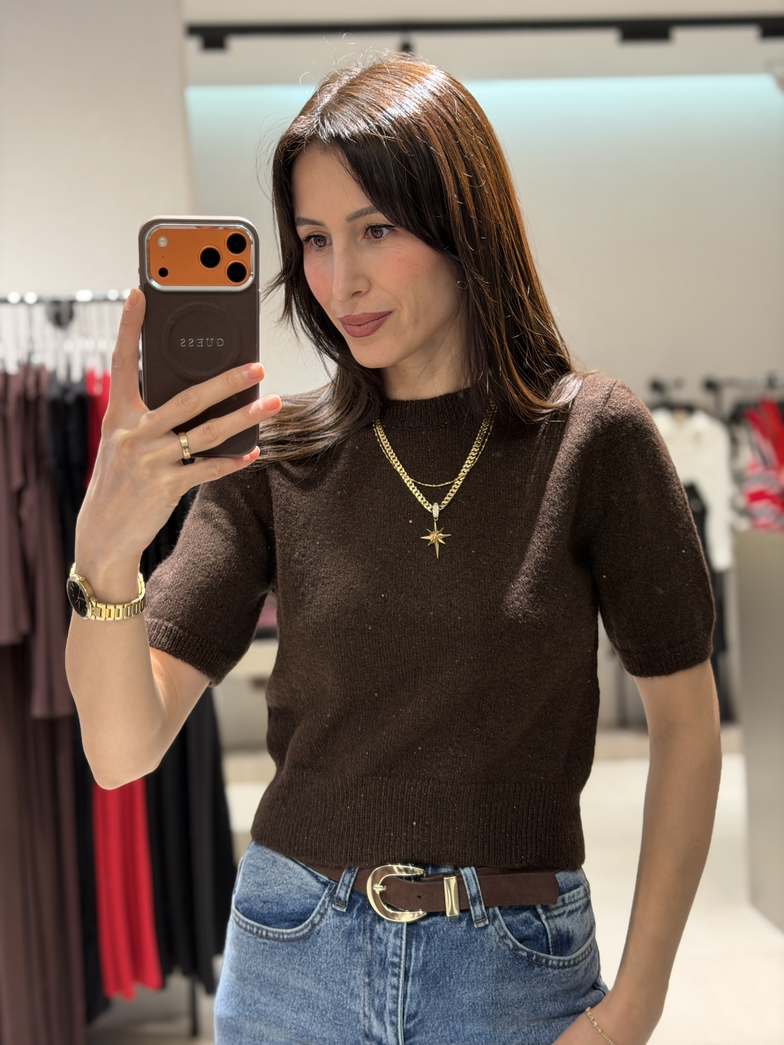 DİLVİN KISA KOLLU SİMLİ KAZAK KAHVE