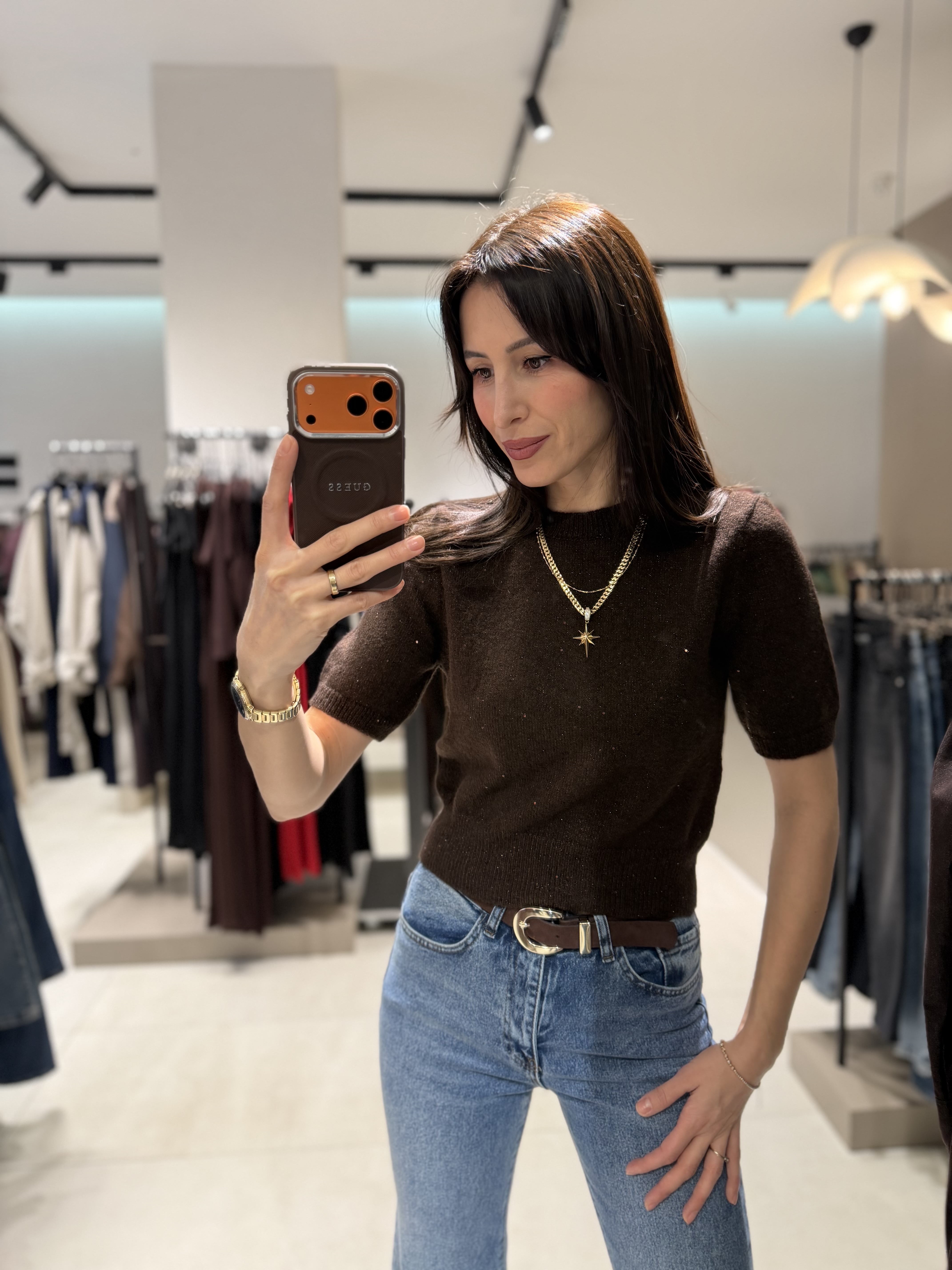 DİLVİN KISA KOLLU SİMLİ KAZAK KAHVE