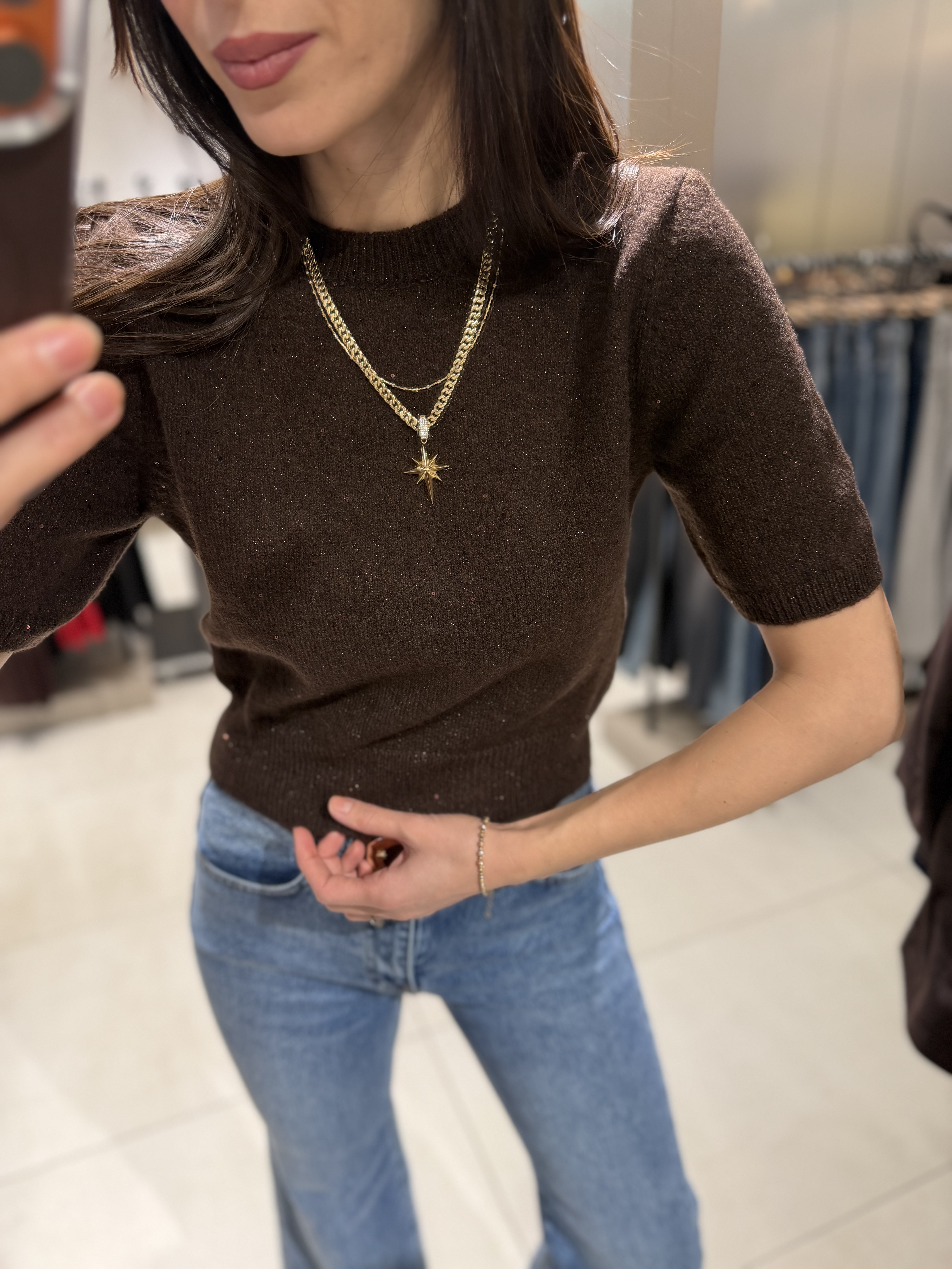 DİLVİN KISA KOLLU SİMLİ KAZAK KAHVE