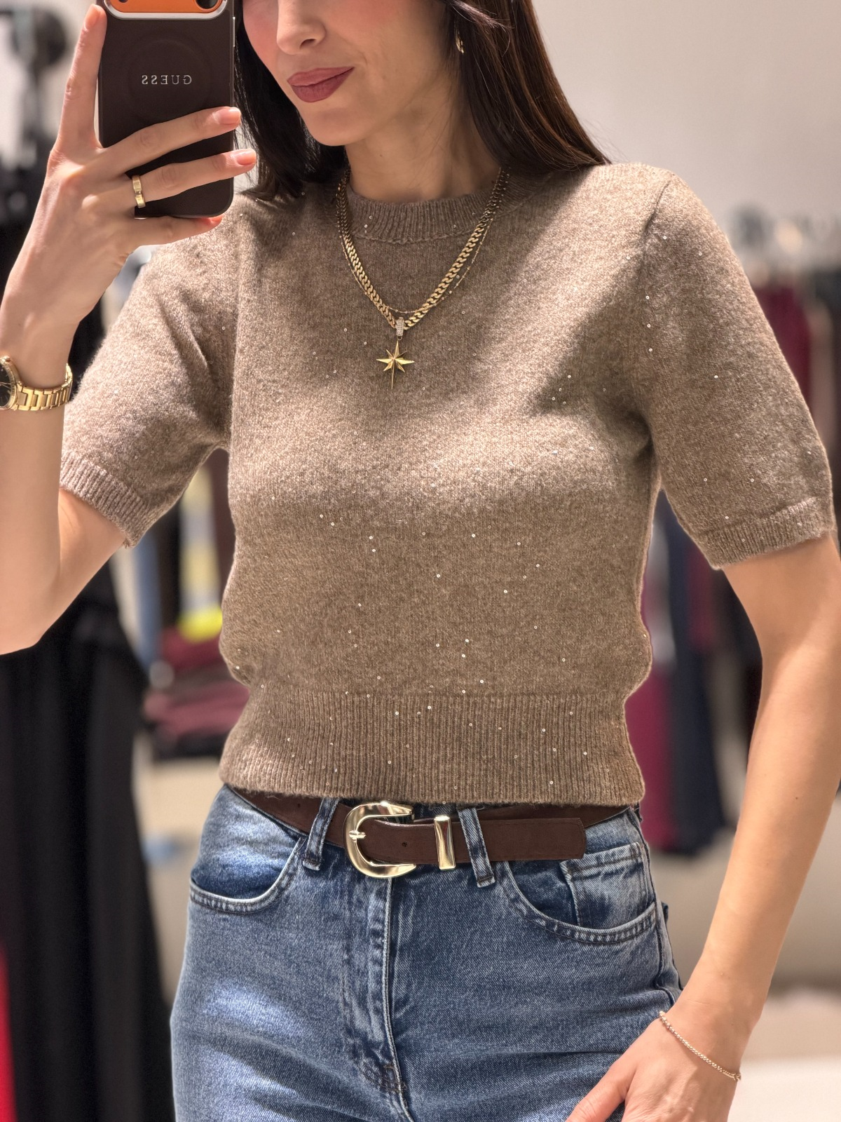 DİLVİN KISA KOLLU SİMLİ KAZAK VİZON