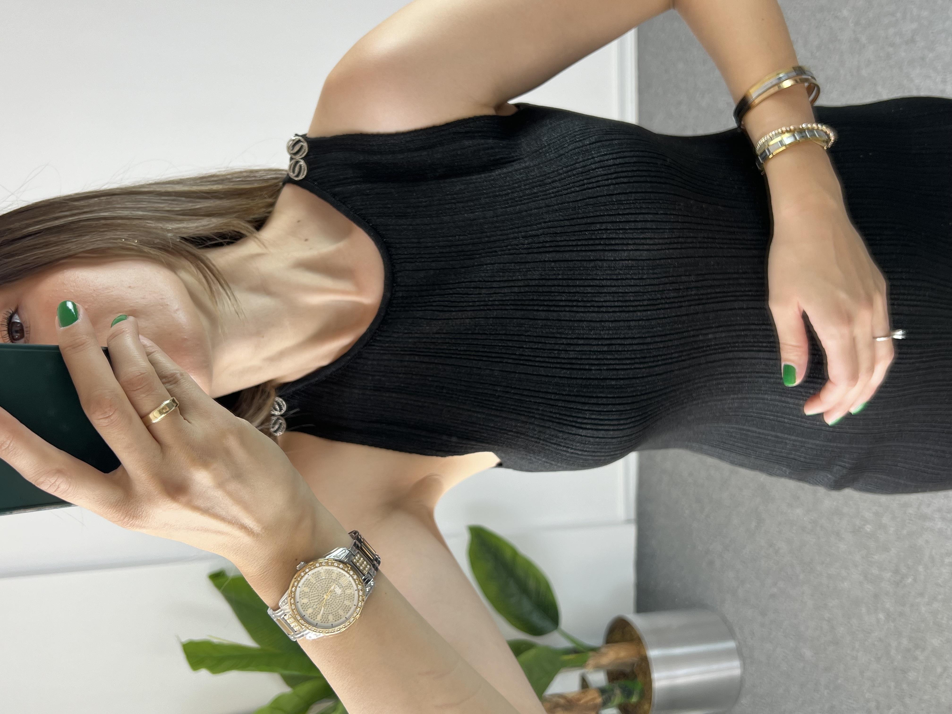 Dilvin Parlak Kumaş Siyah Elbise