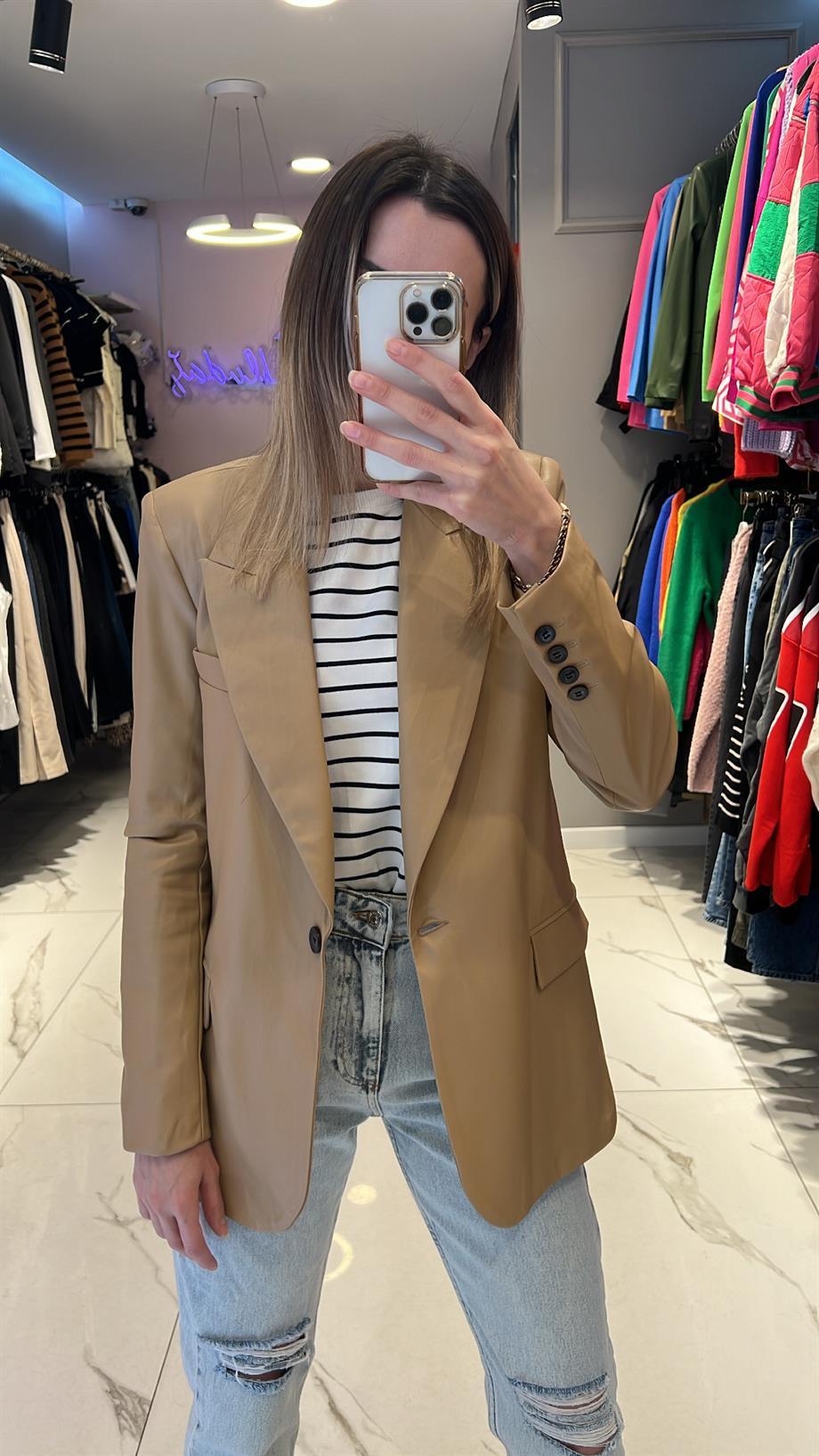 Dlv  Camel Deri Blazer Ceket