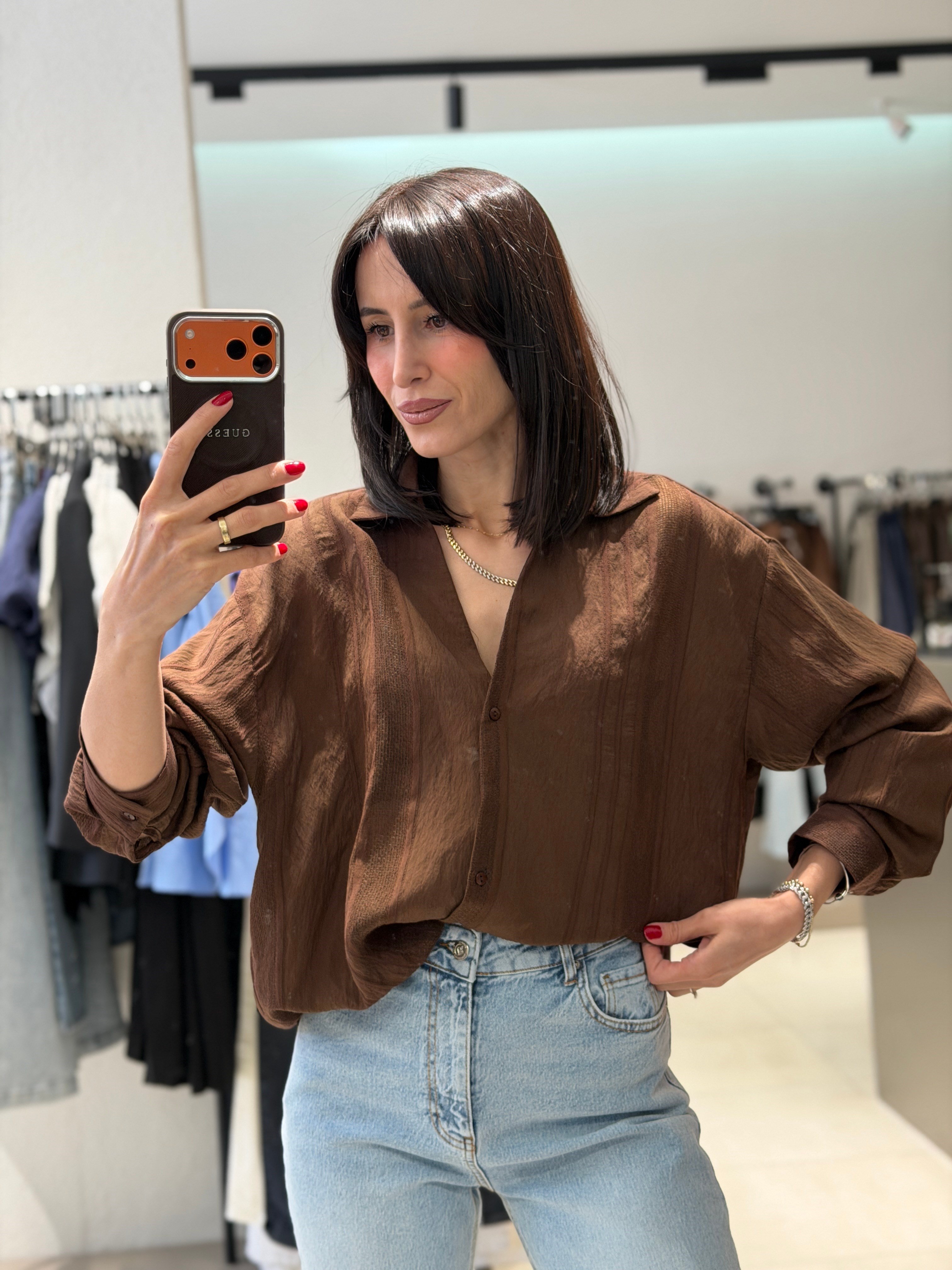 Dokulu Transparan Gömlek KAHVE