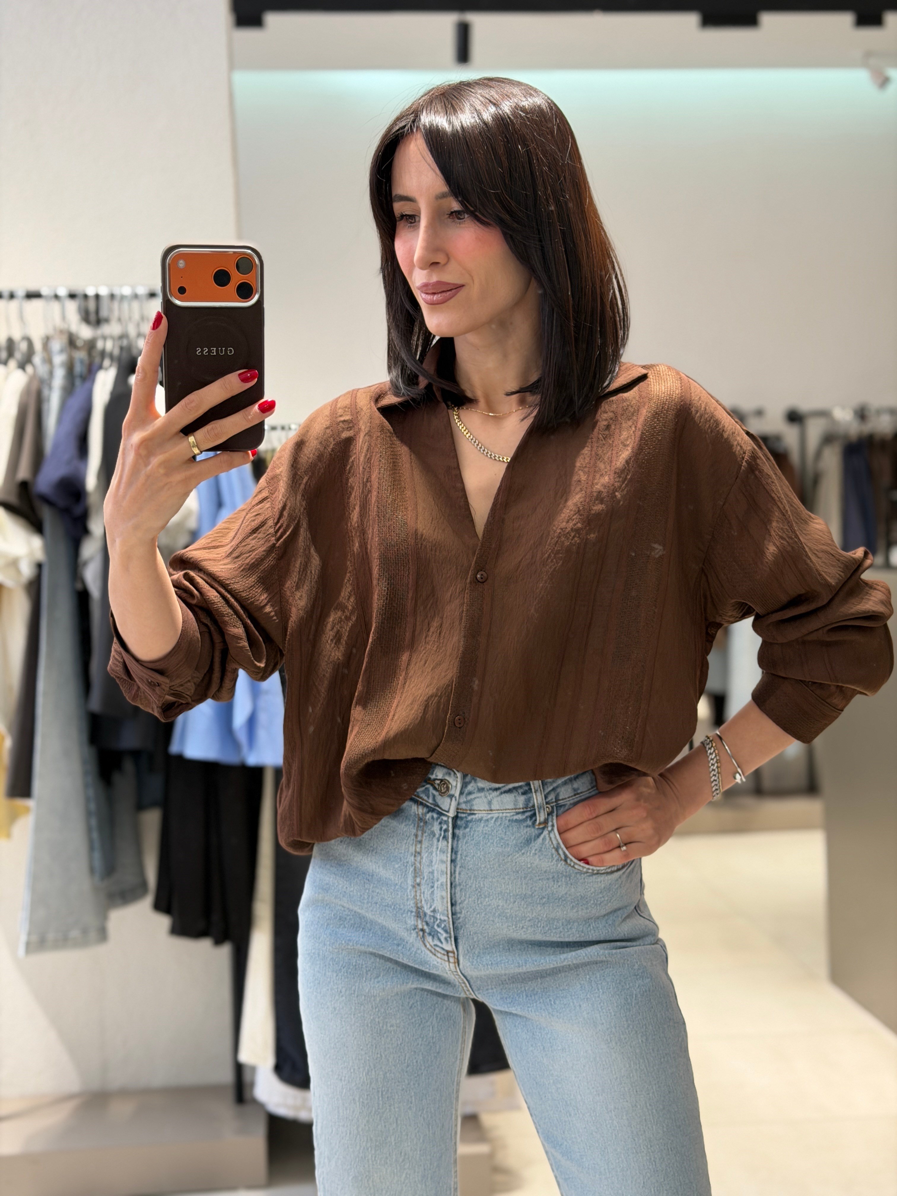 Dokulu Transparan Gömlek KAHVE