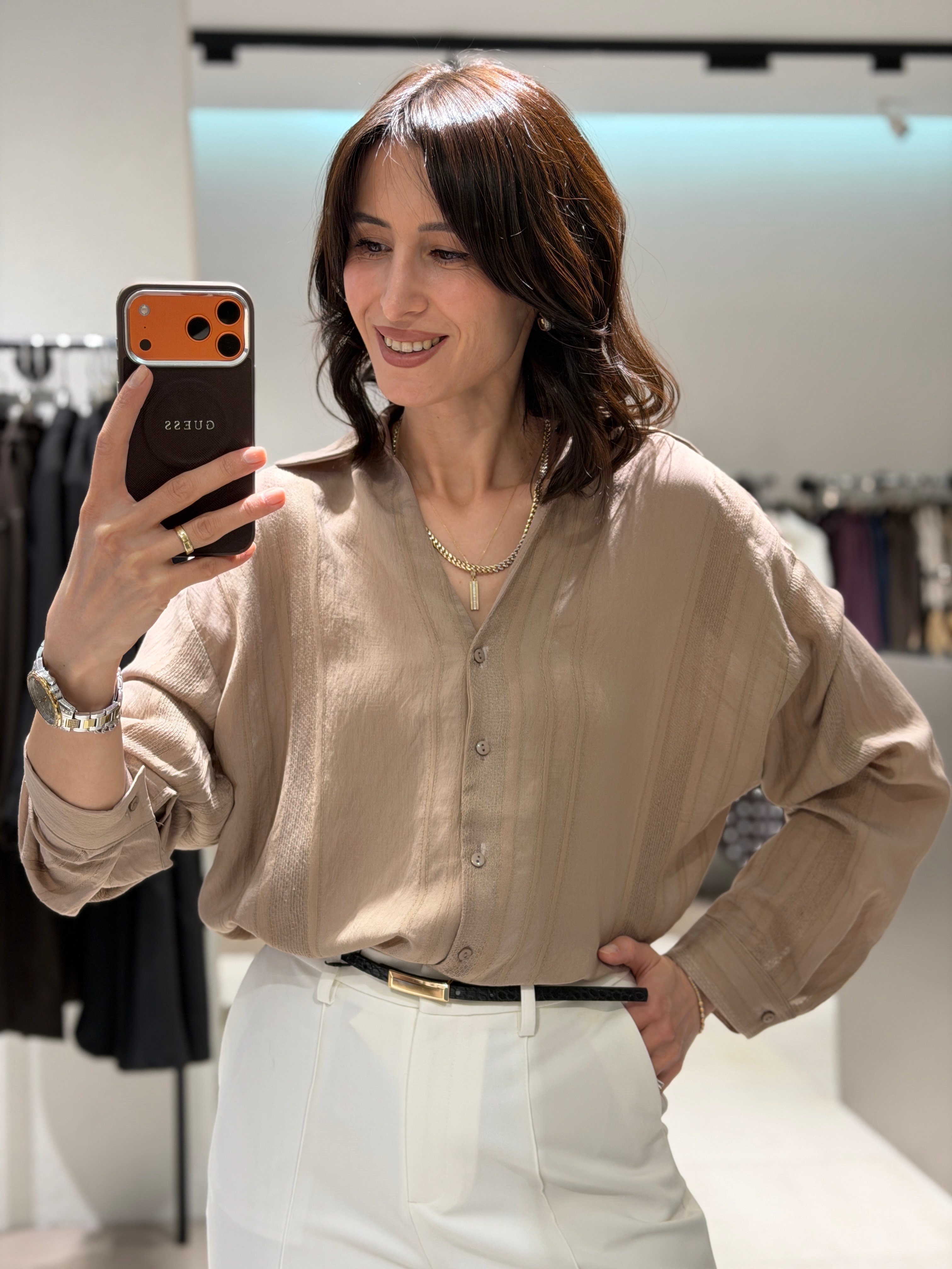 Dokulu Transparan Gömlek VİZON