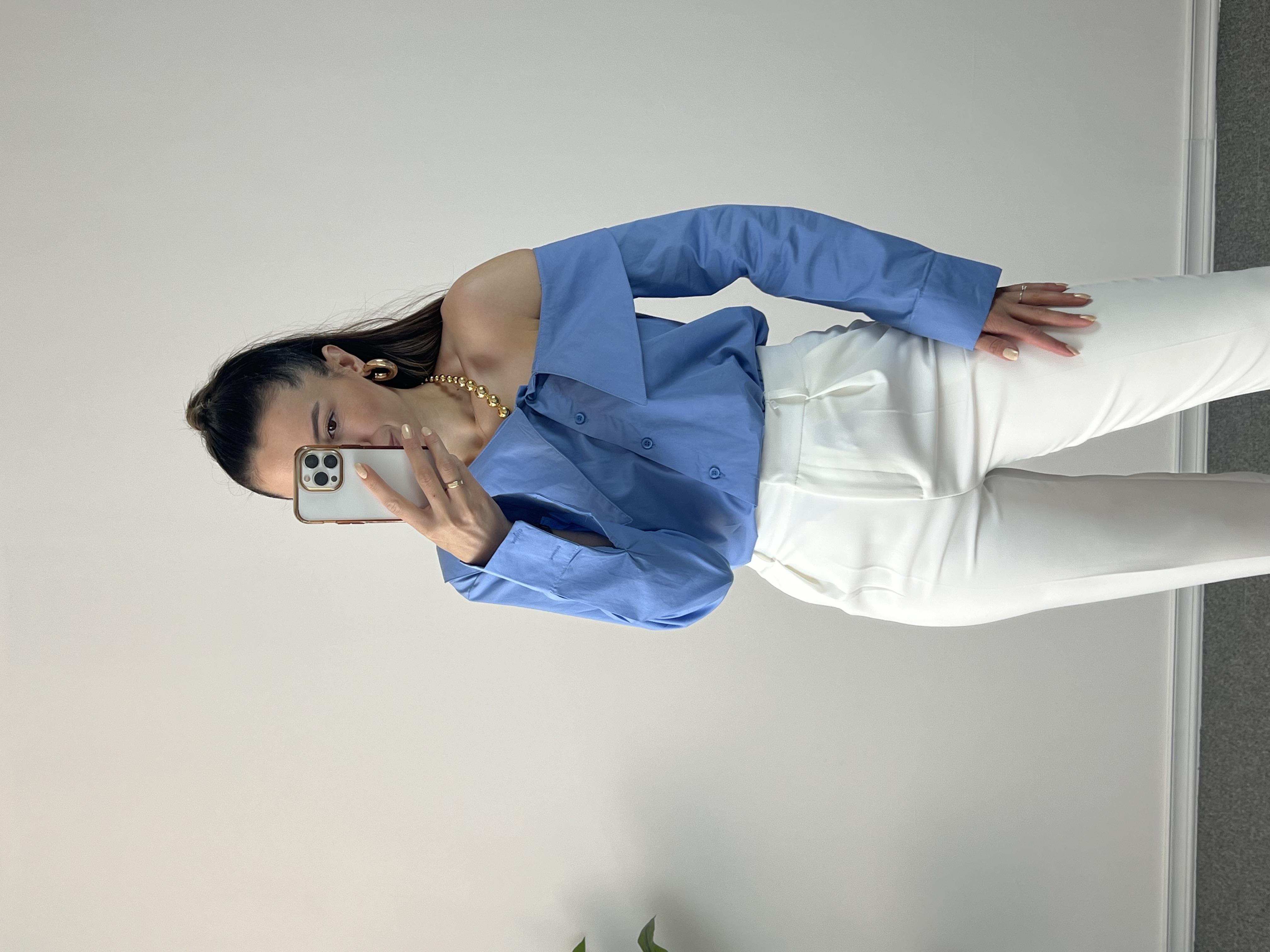 Düşük Omuz Mavi Asimetrik Gömlek