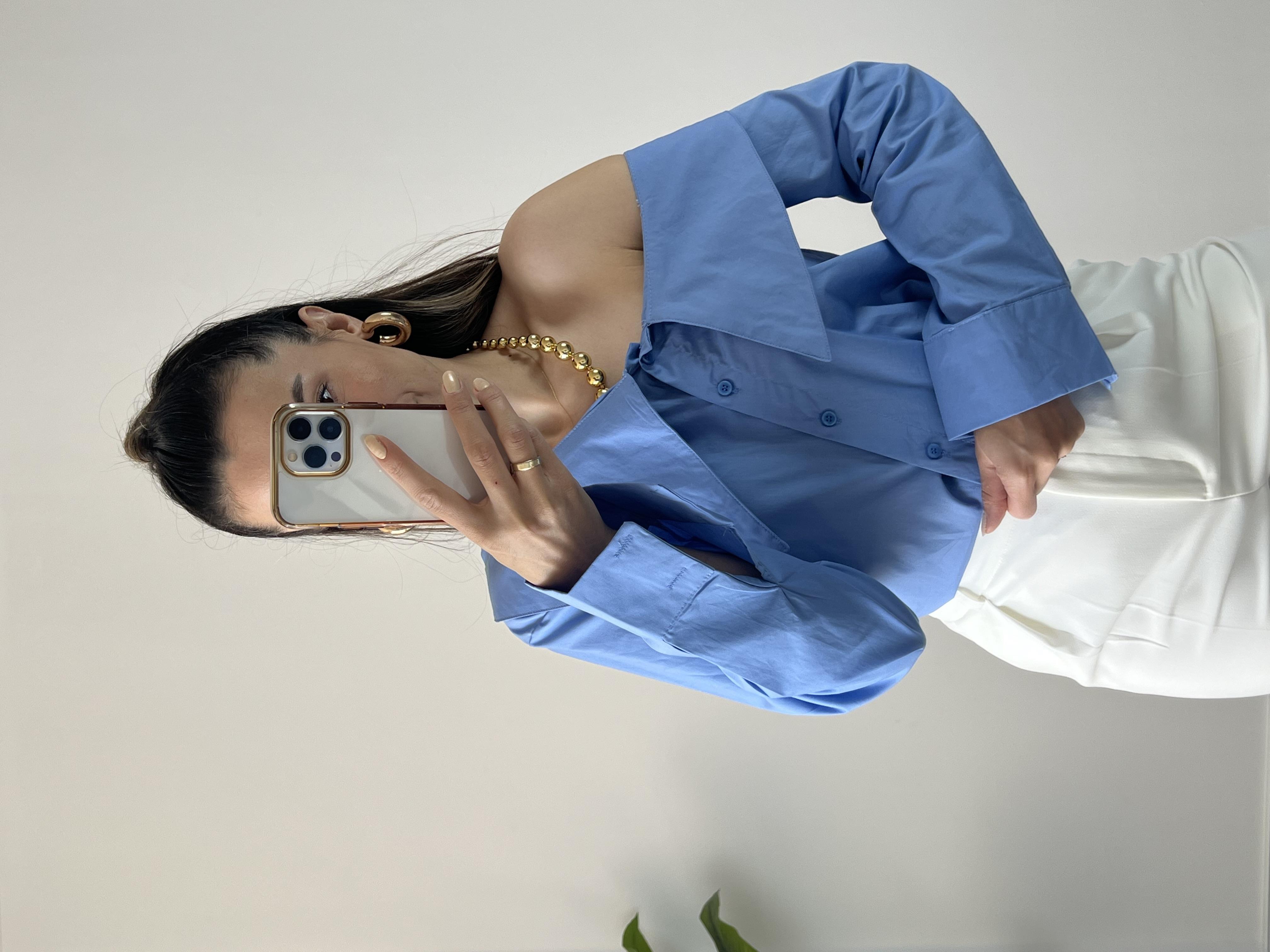 Düşük Omuz Mavi Asimetrik Gömlek