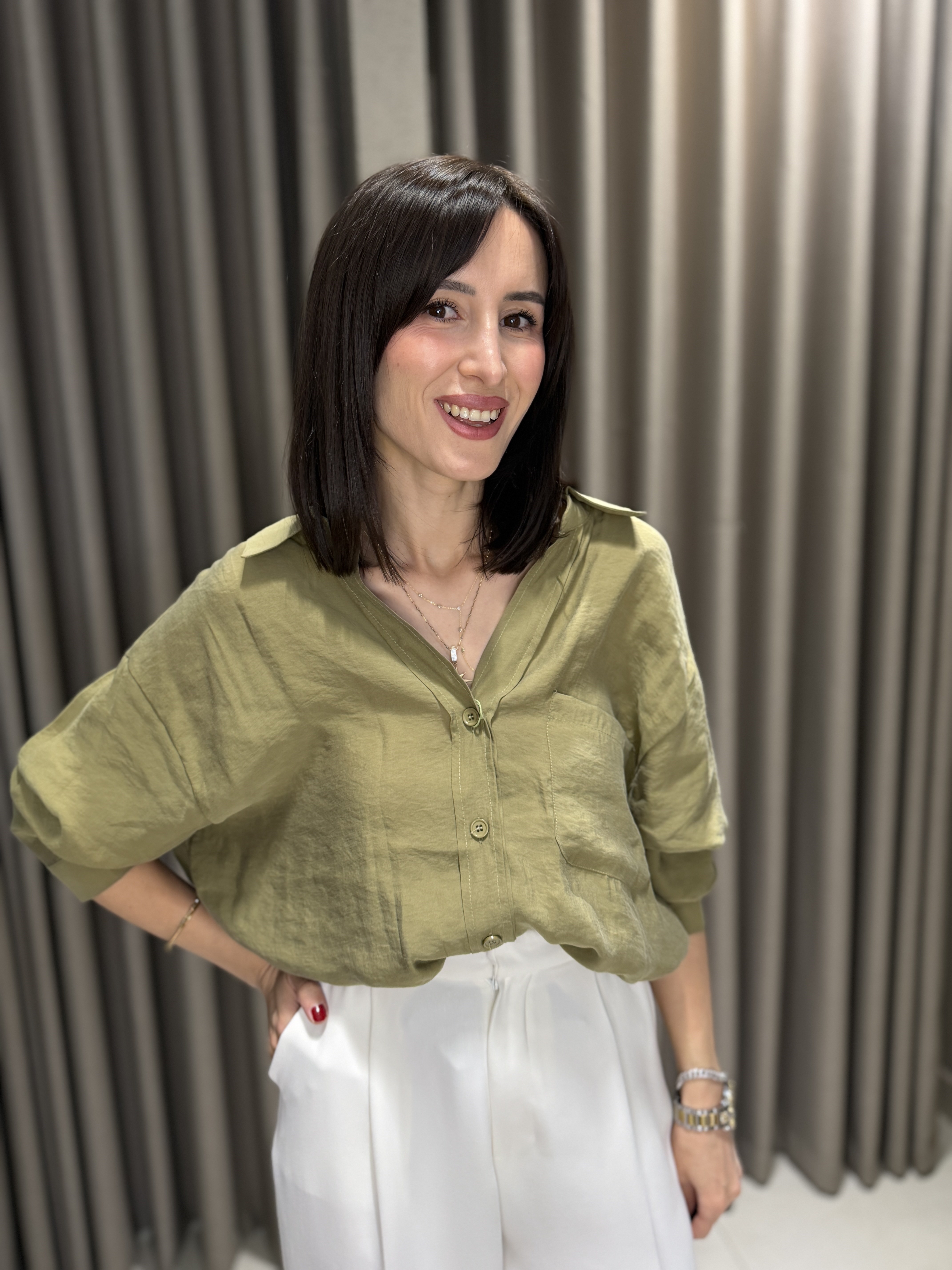 Düşük Omuz Tensel Gömlek HAKİ